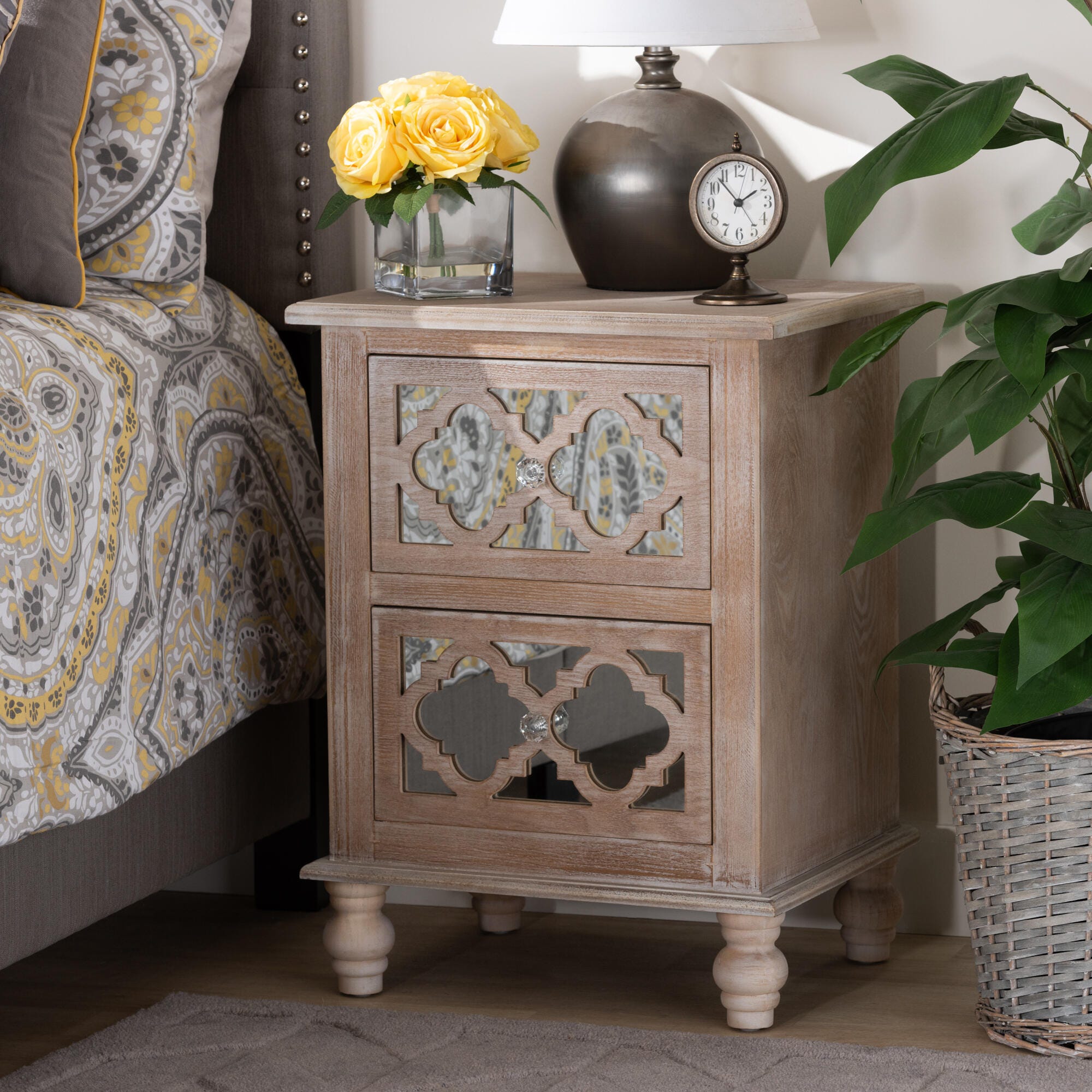 Celia Wood and Mirror 2-Drawer Quatrefoil Nightstand | Ashley