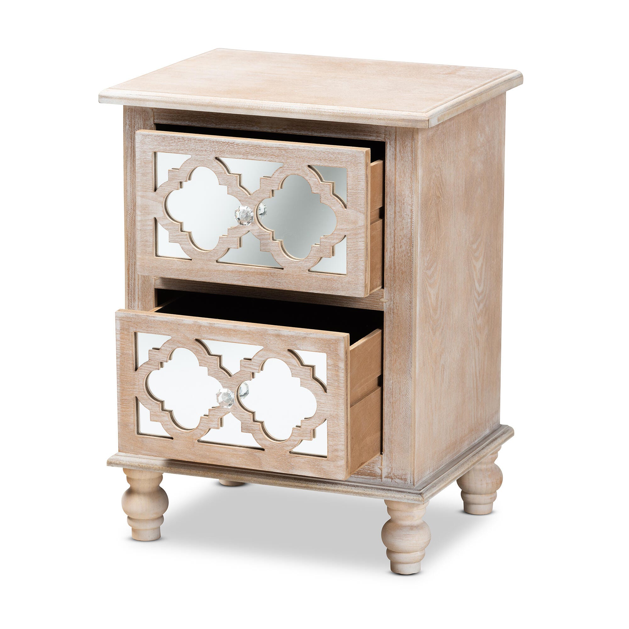 Baxton Studio Celia Wood and Mirror 2-Drawer Quatrefoil Nightstand, , large