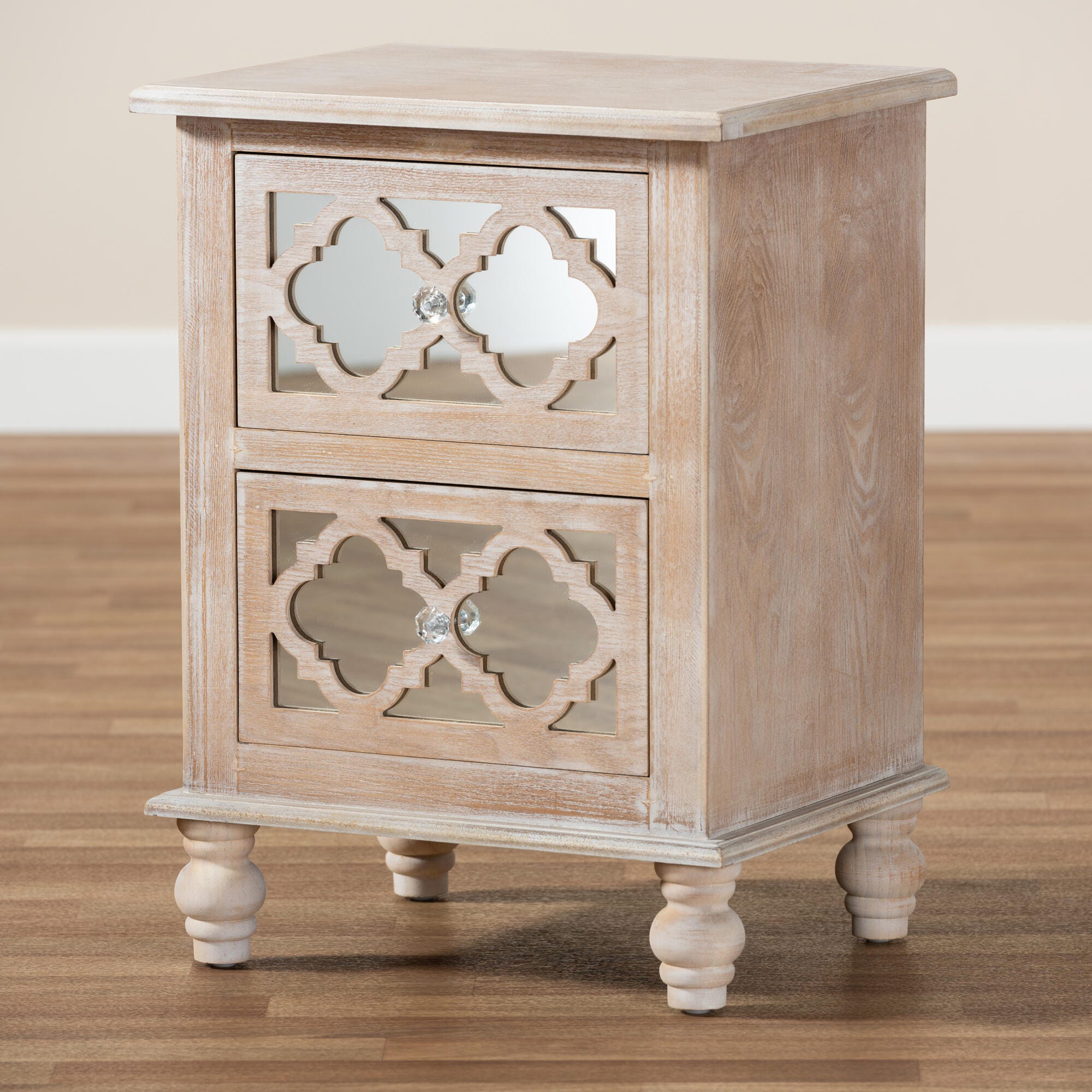 Baxton Studio Celia Wood and Mirror 2-Drawer Quatrefoil Nightstand, , large