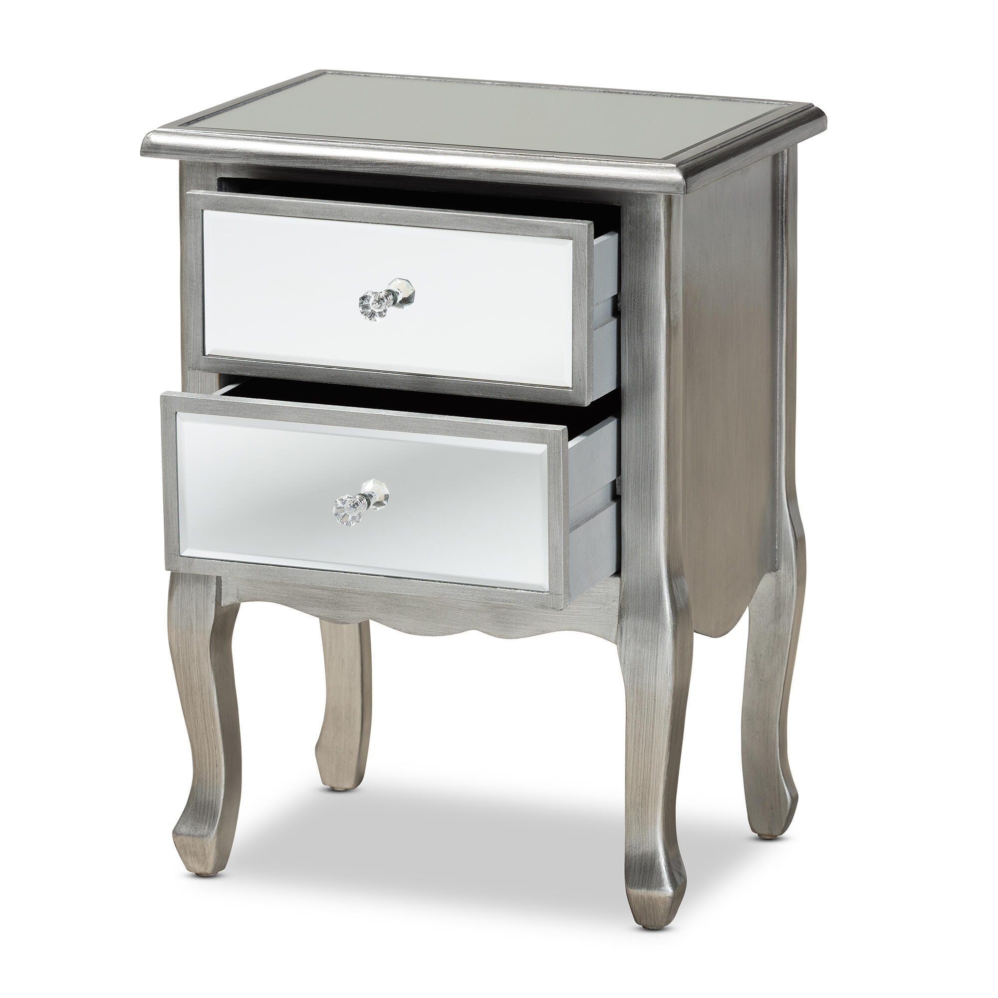 Baxton Studio Leonie French Brushed Wood and Mirrored Glass Nightstand, , large