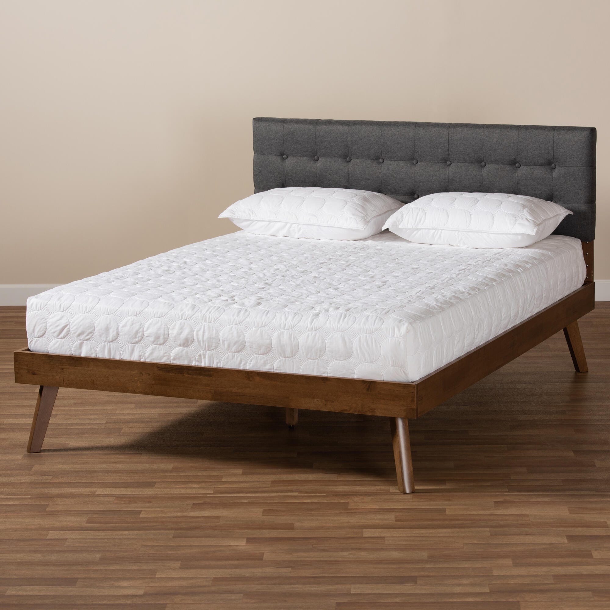 Baxton Studio Devan Mid-Century Upholstered Wood King Platform Bed, Charcoal, large