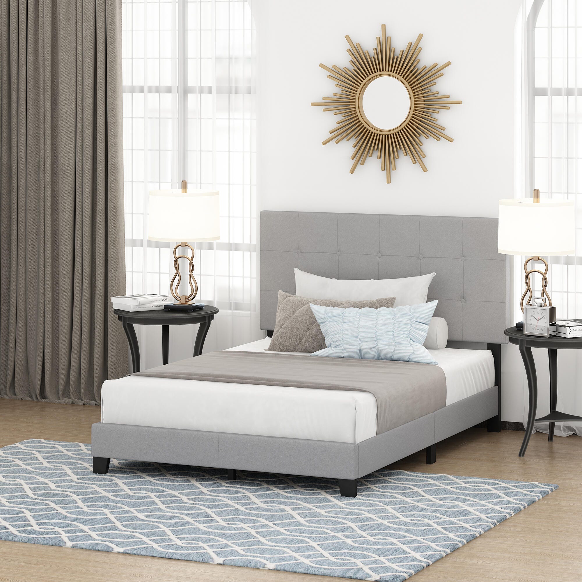Furinno Furinno Full Laval Button Tufted Bed Frame, Gray, rollover