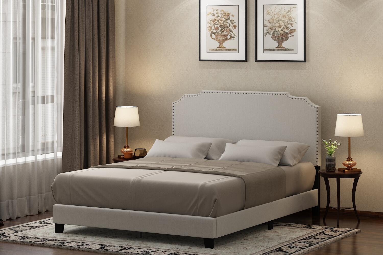 Furinno Twin Nadia Nailhead Trim Bed Frame, Beige, rollover