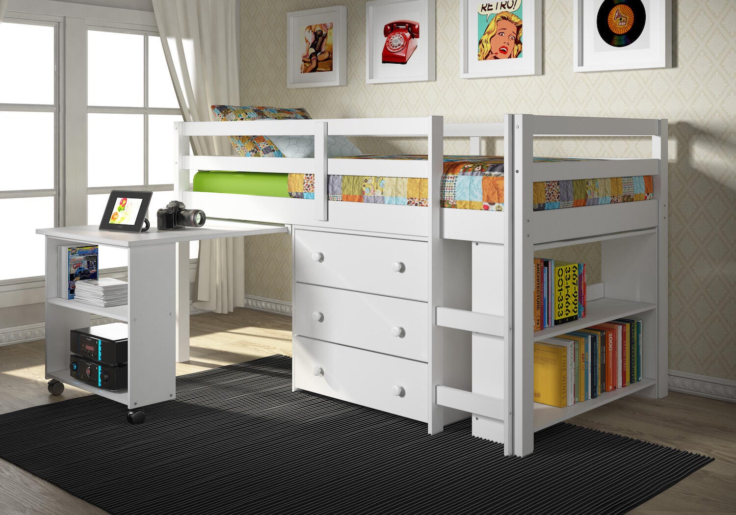 Kids Twin Low Loft Study Set, White, rollover