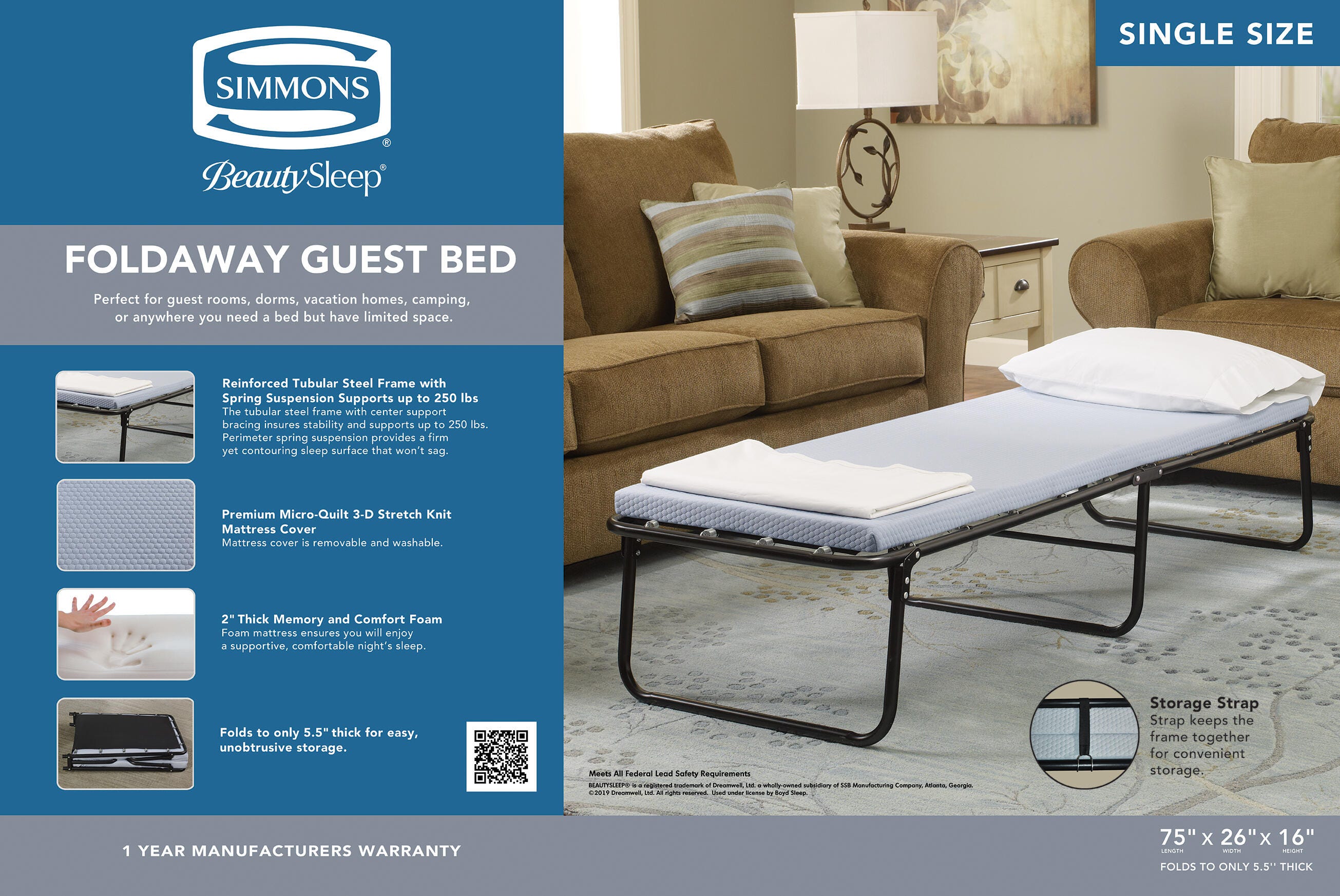 Simmons BeautySleep Foldaway Single Guest Bed, Blue, large