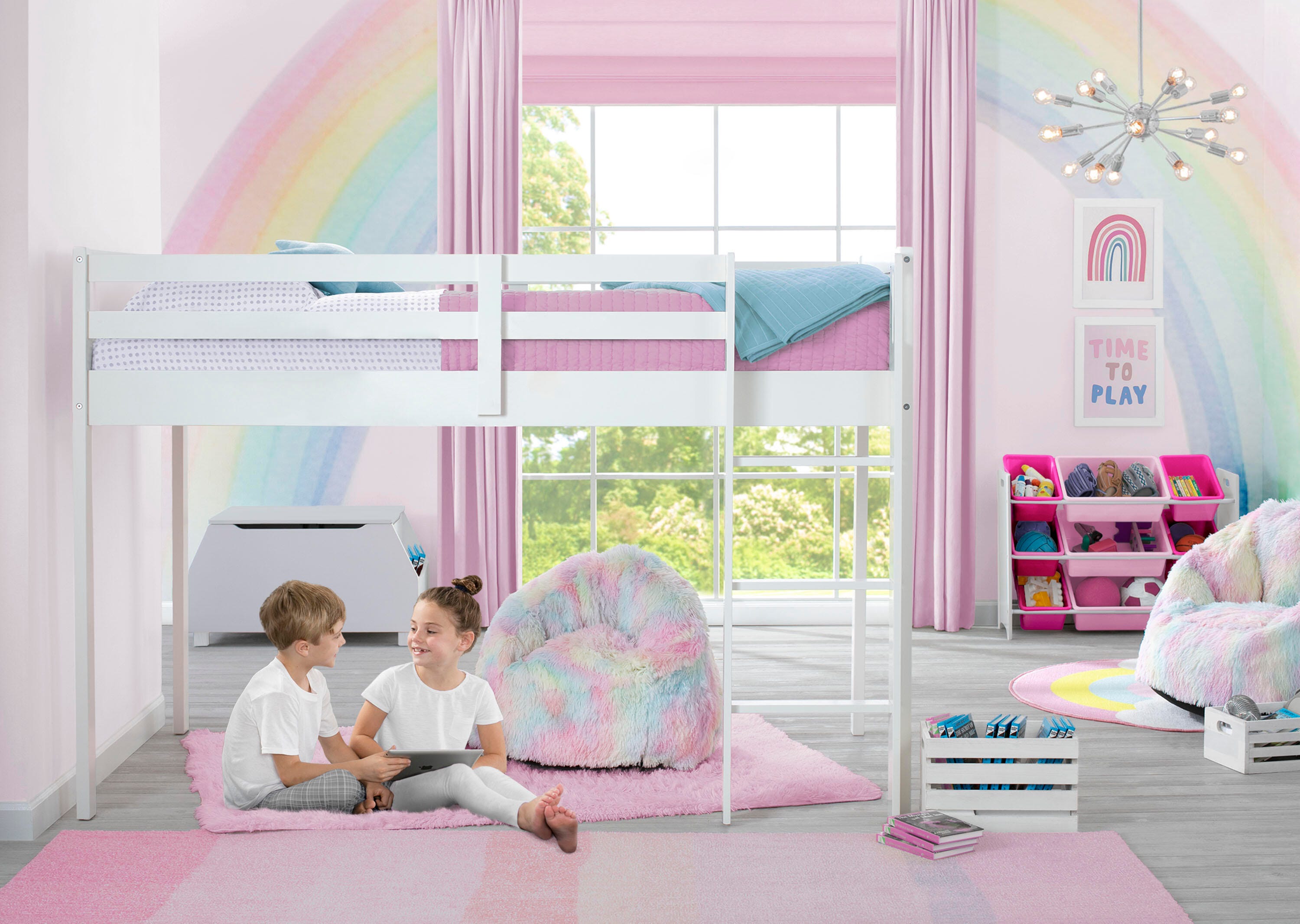 Delta Children Twin Low Loft Bed With Guardrail And Ladder, White, White, large