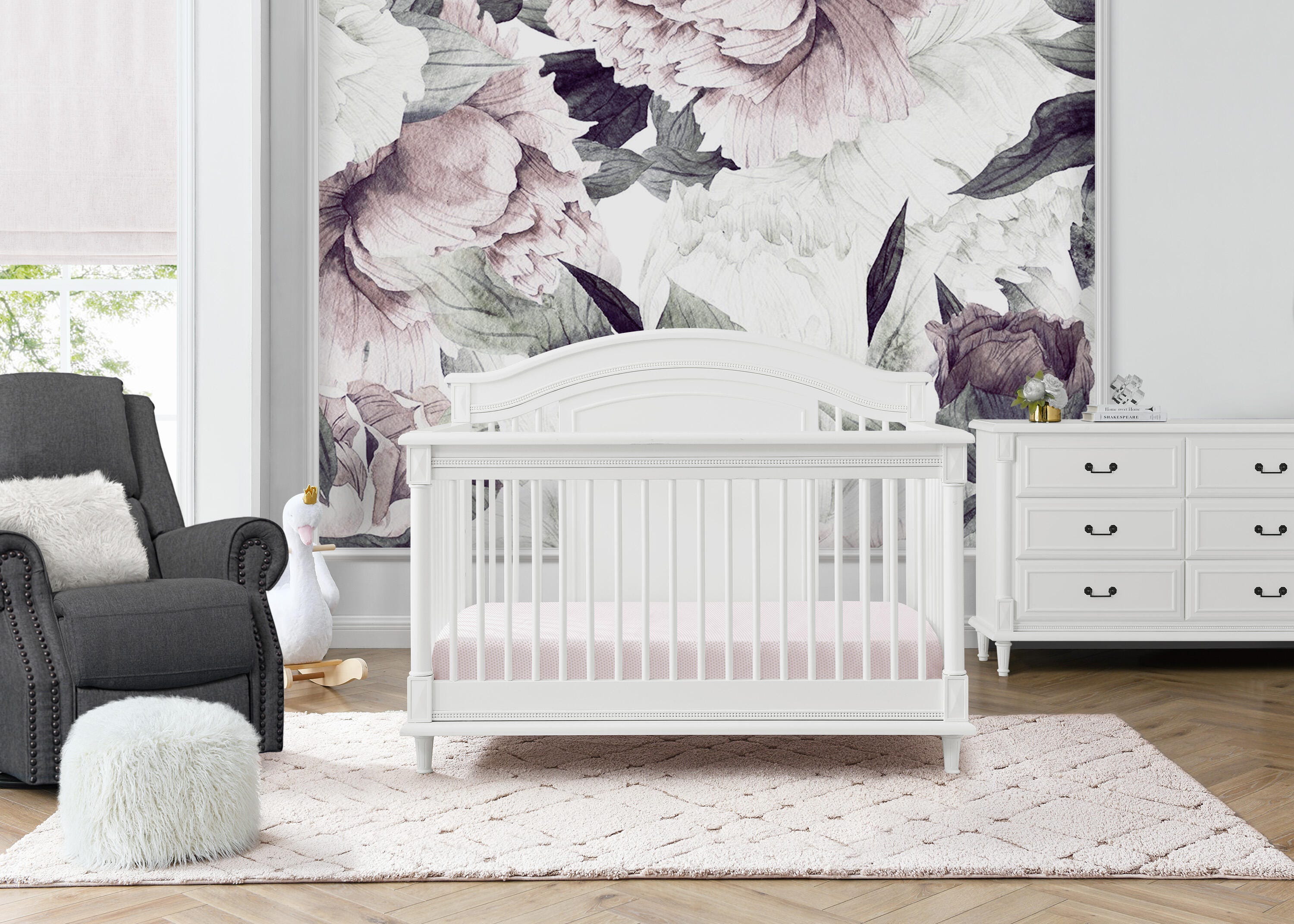 Delta Children Kids Juliette 6-in-1 Convertible Crib With Toddler Rail, Bianca White, White, rollover