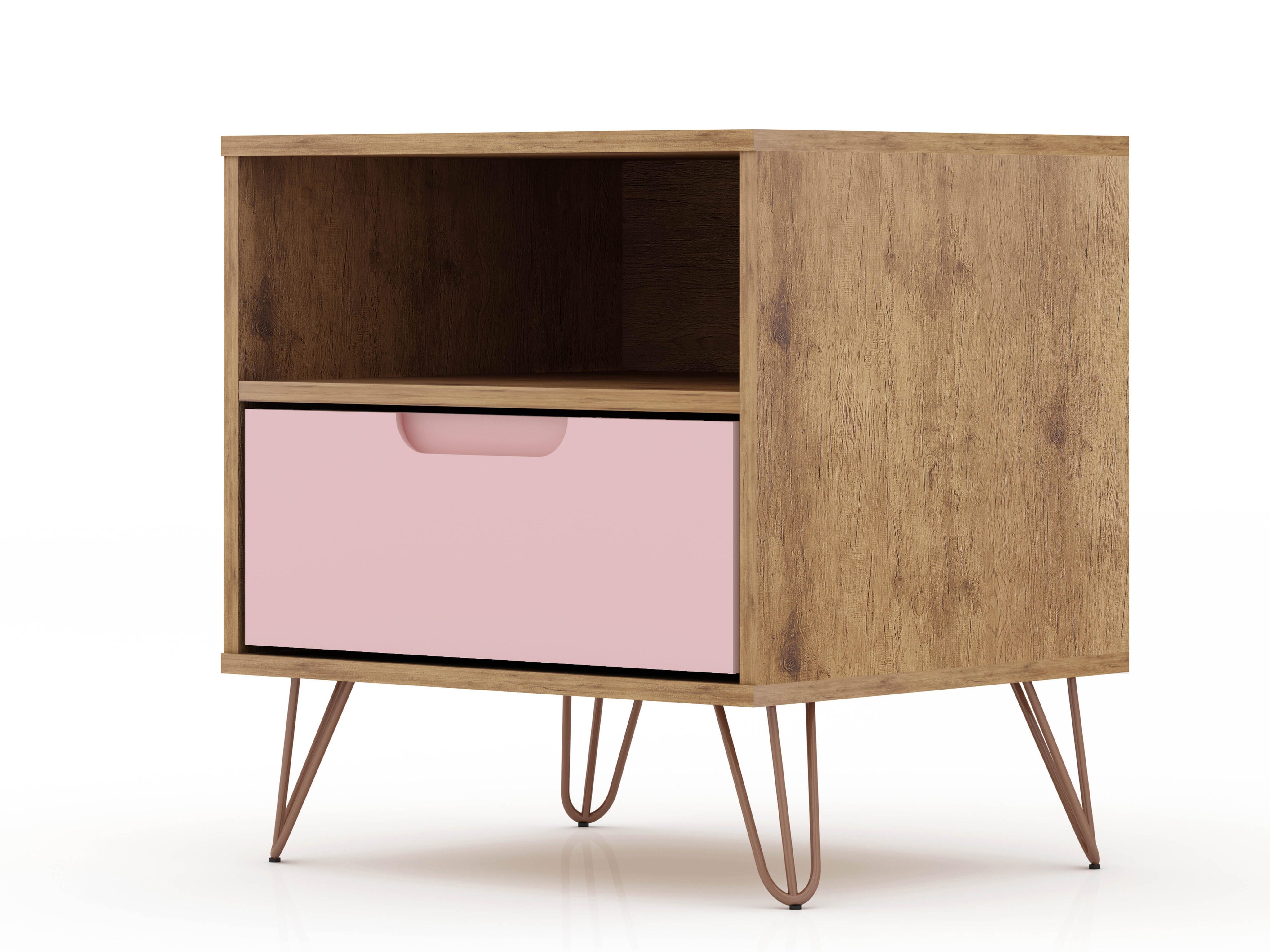 Modern One Drawer Nightstand, Natural/Rose Pink, large