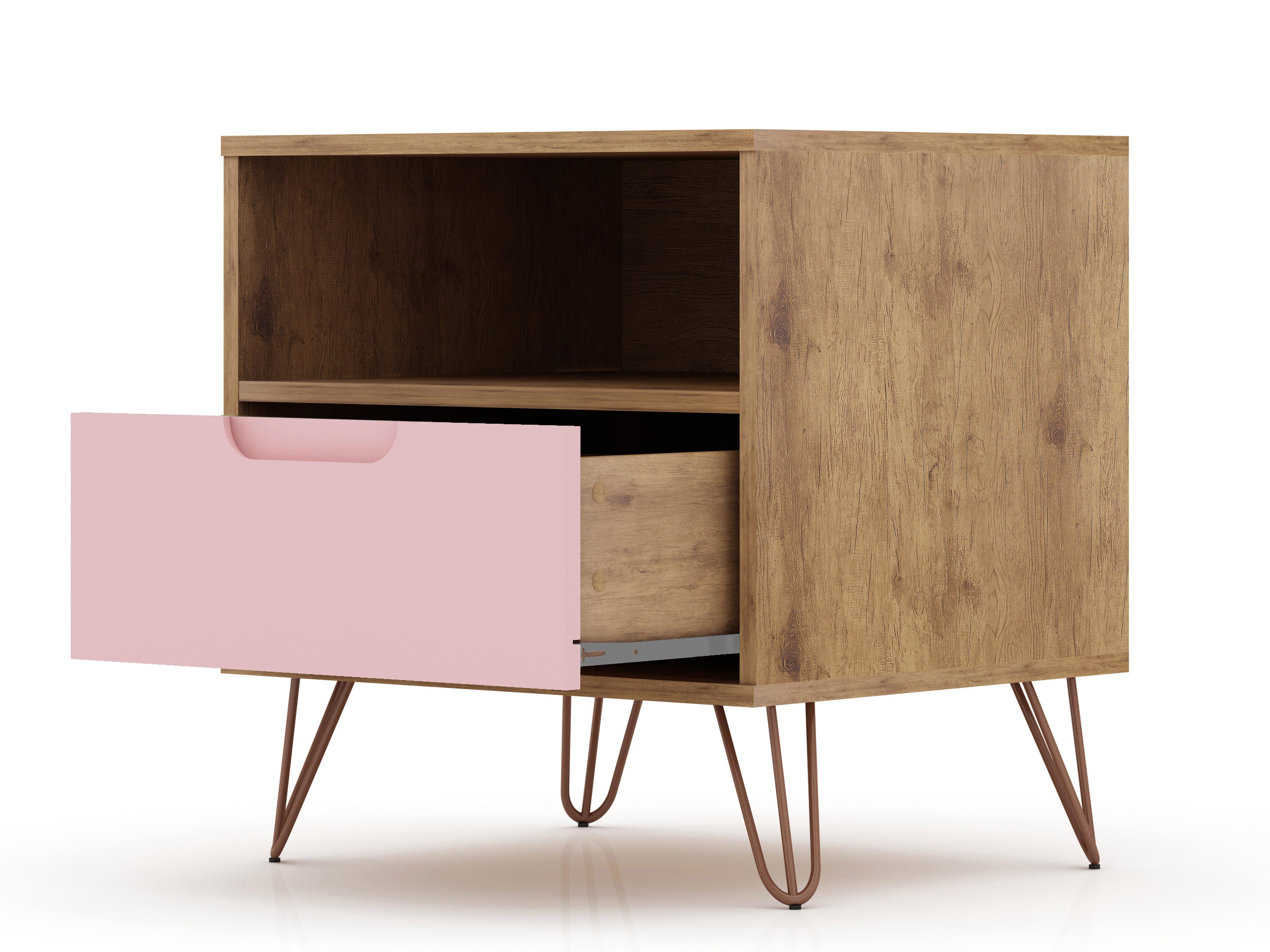 Modern One Drawer Nightstand, Natural/Rose Pink, large