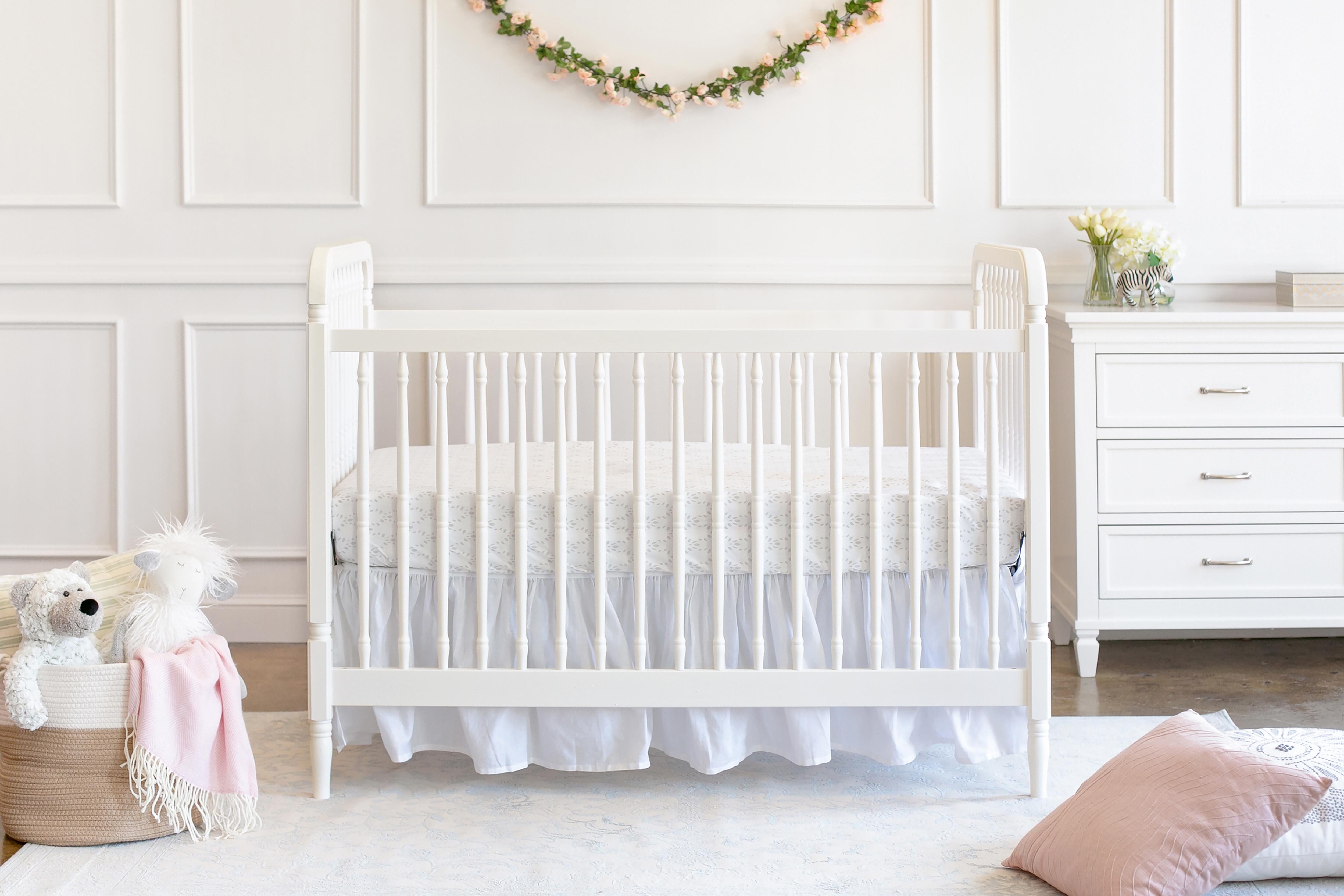 Namesake Liberty 3-in-1 Convertible Spindle Crib With Toddler Bed Conversion Kit, Warm White, rollover