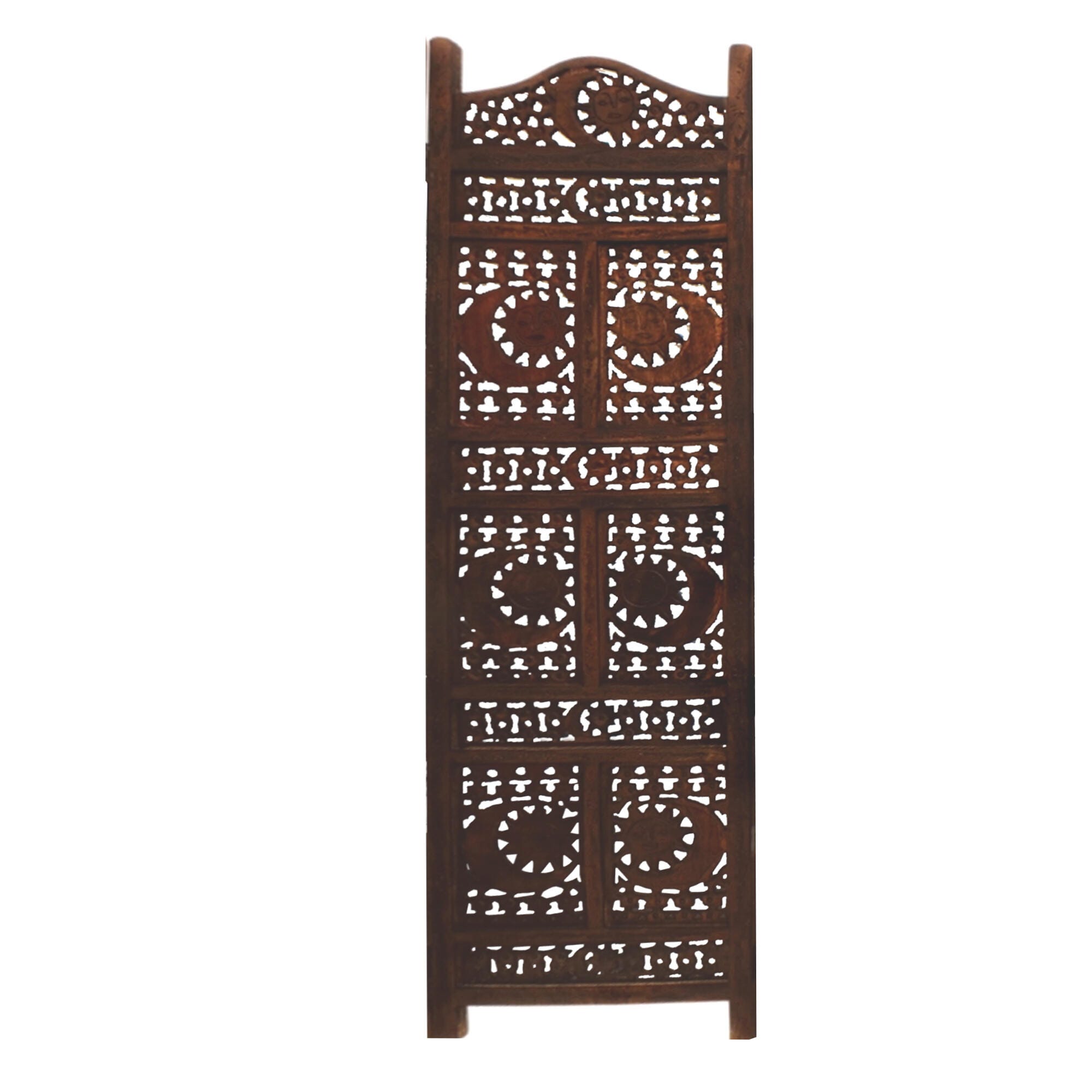Benzara Foldable Wooden Room Divider with Hand Carved Sun And Moon Design, , large