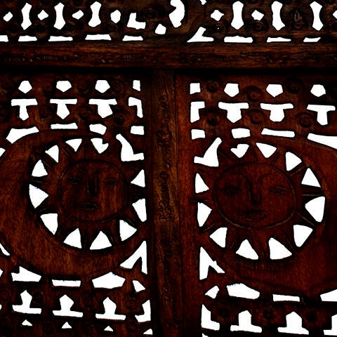 Benzara Foldable Wooden Room Divider with Hand Carved Sun And Moon Design, , swatch