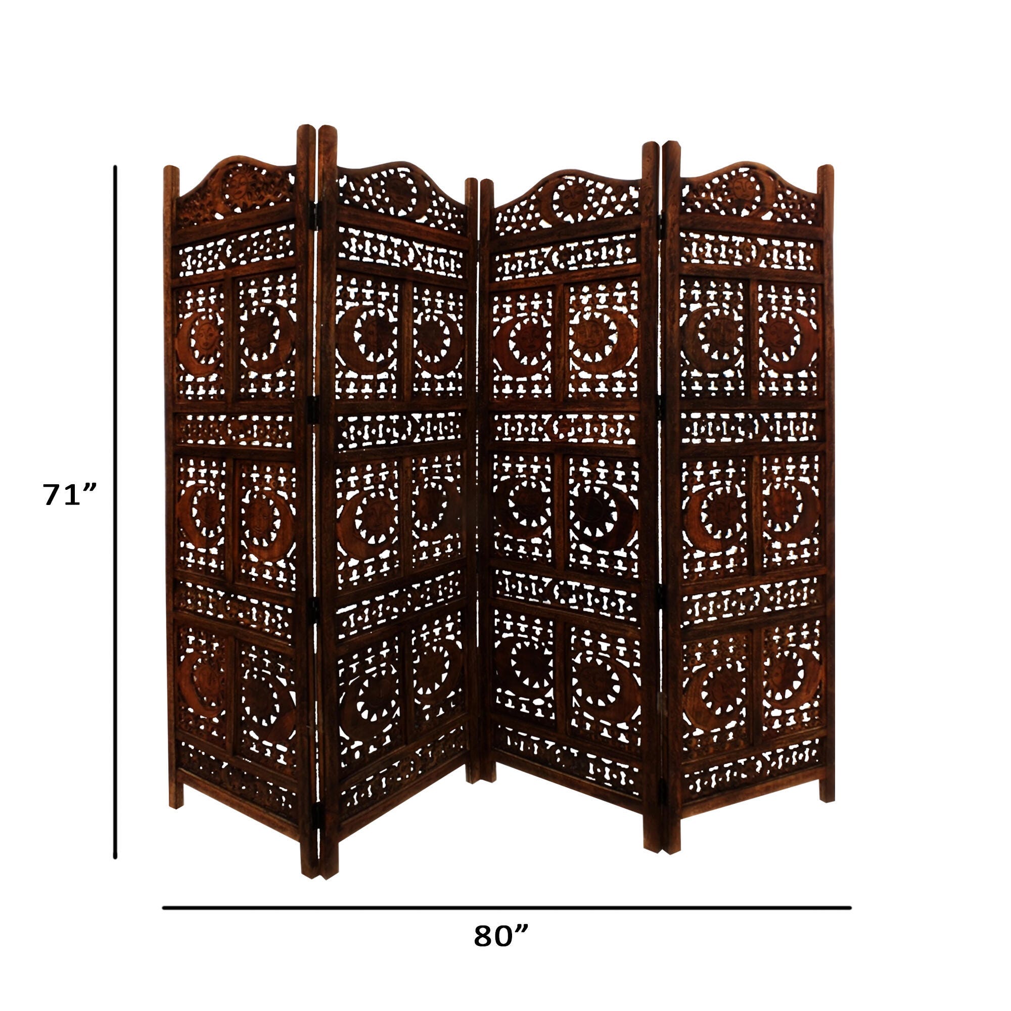 Benzara Foldable Wooden Room Divider with Hand Carved Sun And Moon Design, , large