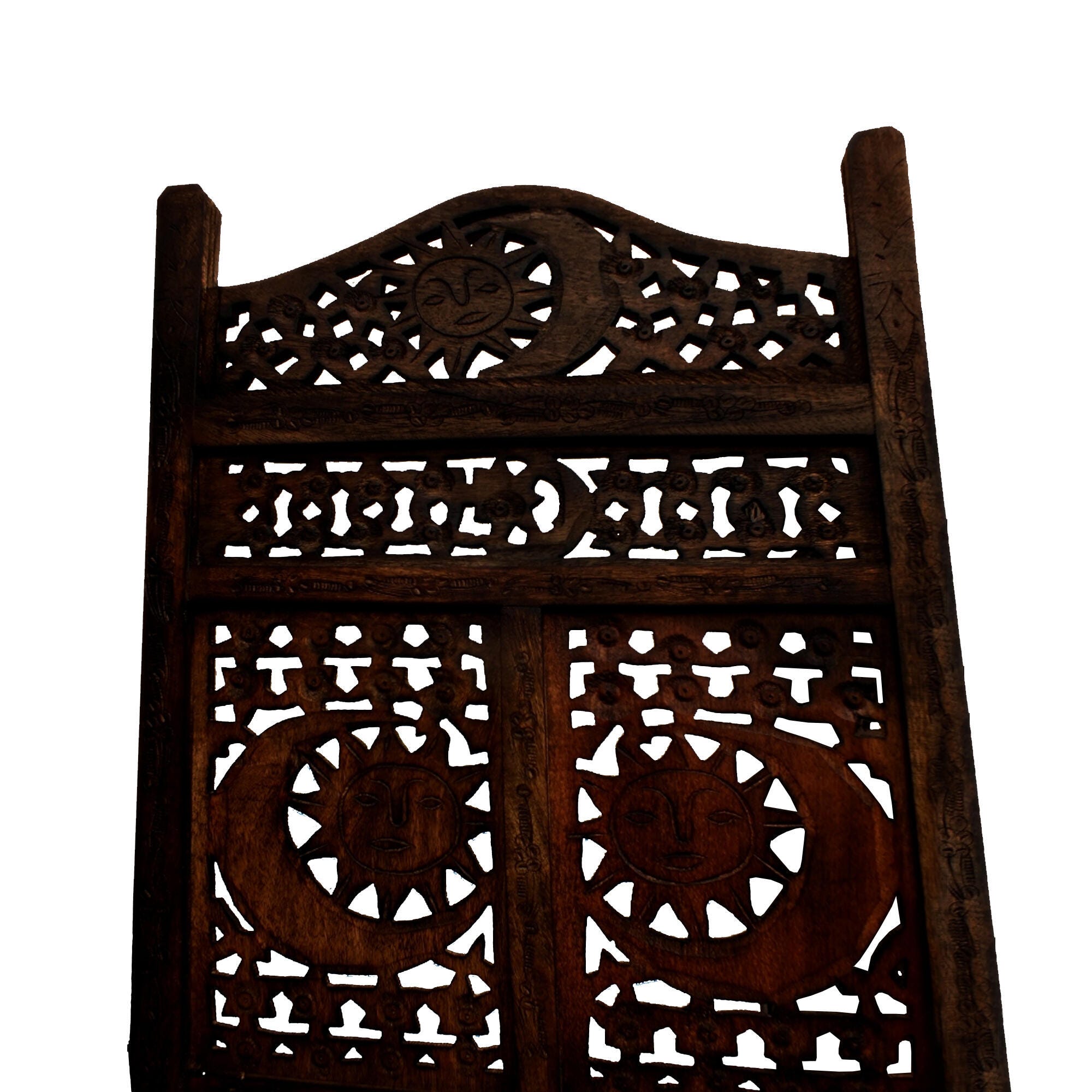 Benzara Foldable Wooden Room Divider with Hand Carved Sun And Moon Design, , large