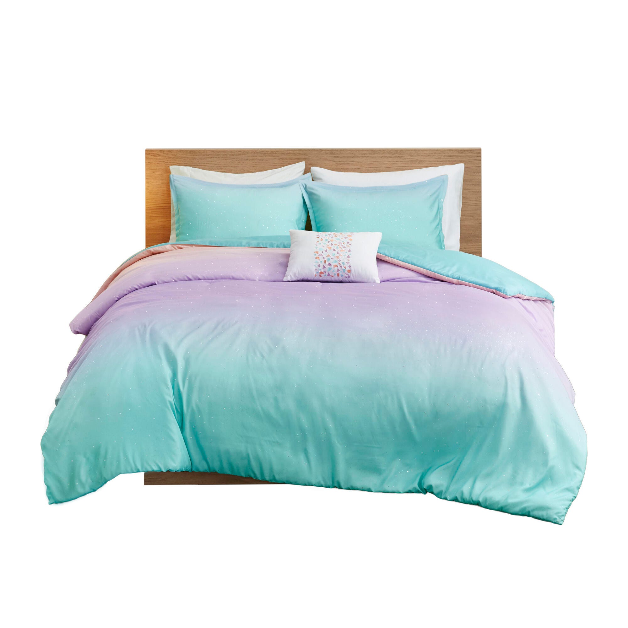 Celine Aqua Twin/Twin XL Metallic Glitter Printed Reversible Duvet Cover Set, Aqua, large
