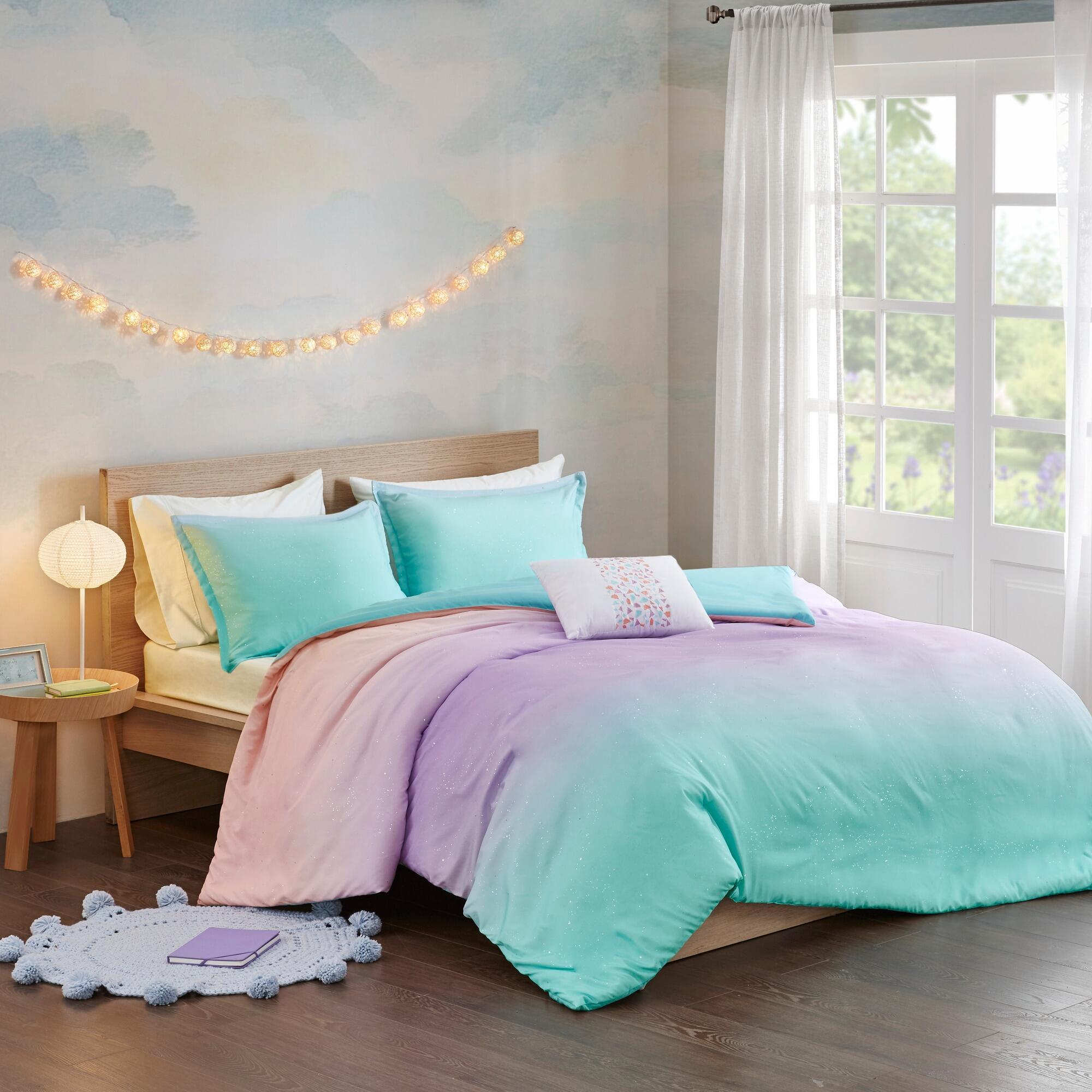 Celine Aqua Twin/Twin XL Metallic Glitter Printed Reversible Duvet Cover Set, Aqua, large