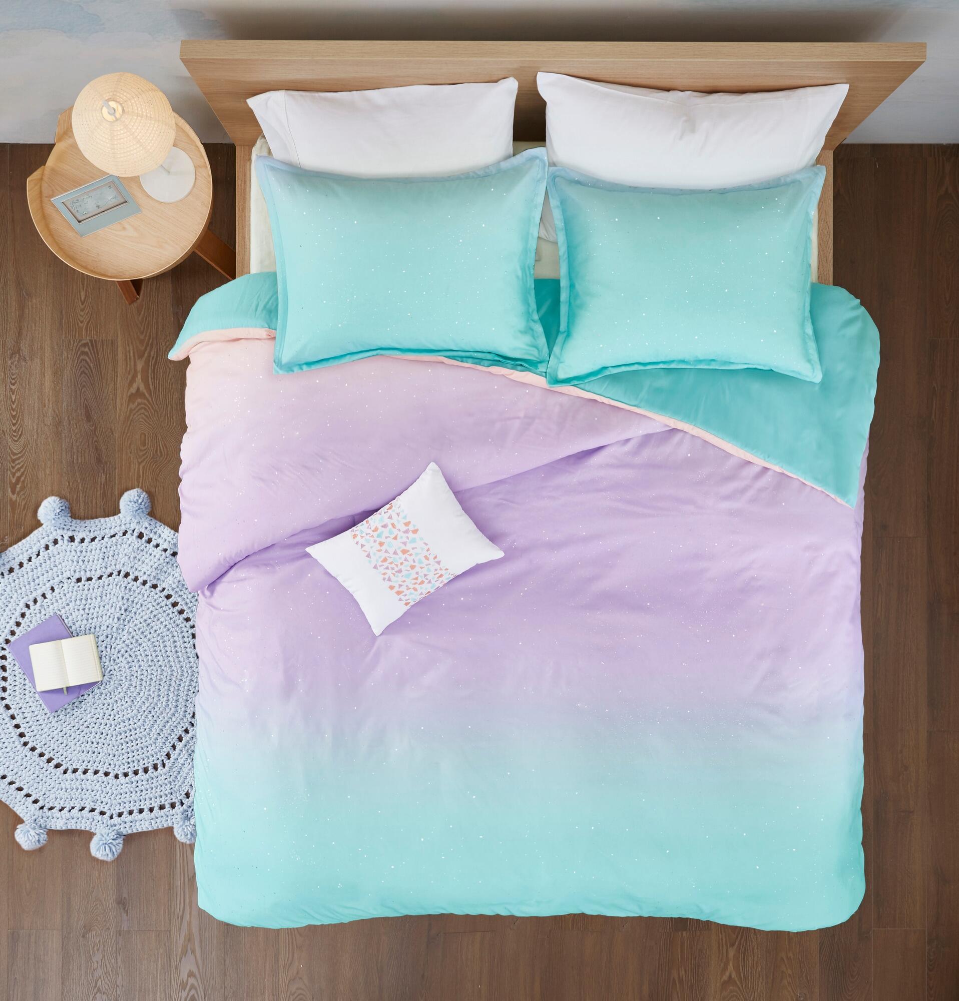 Celine Aqua Twin/Twin XL Metallic Glitter Printed Reversible Duvet Cover Set, Aqua, large