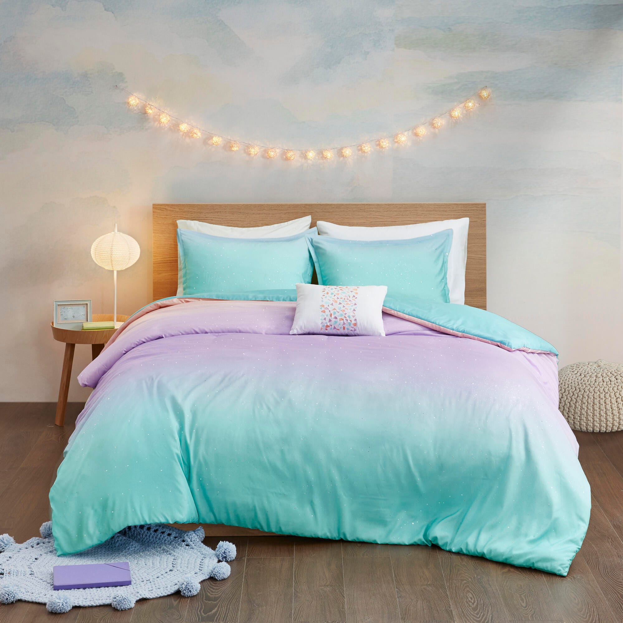 Celine Aqua Full/Queen Metallic Glitter Printed Reversible Duvet Cover Set, Aqua, rollover