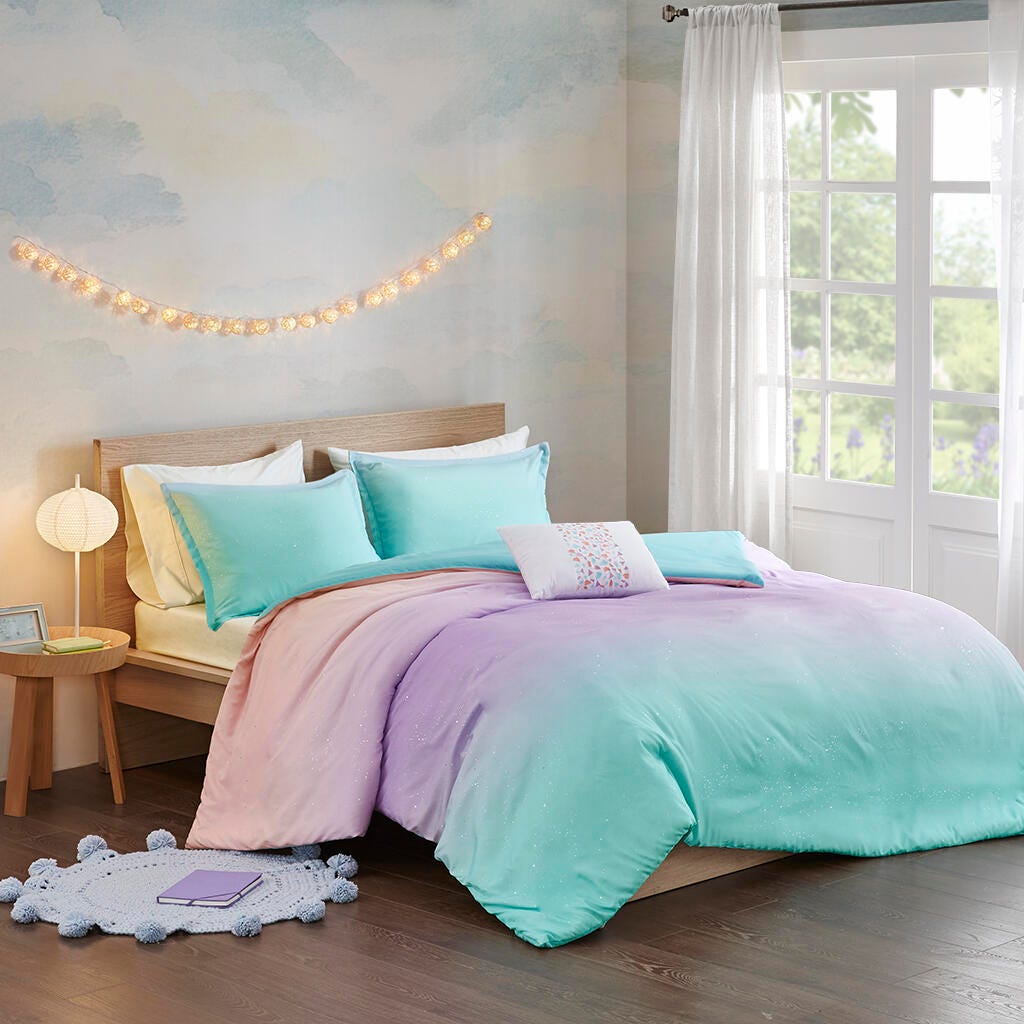 Celine Aqua Full/Queen Metallic Glitter Printed Reversible Duvet Cover Set, Aqua, large