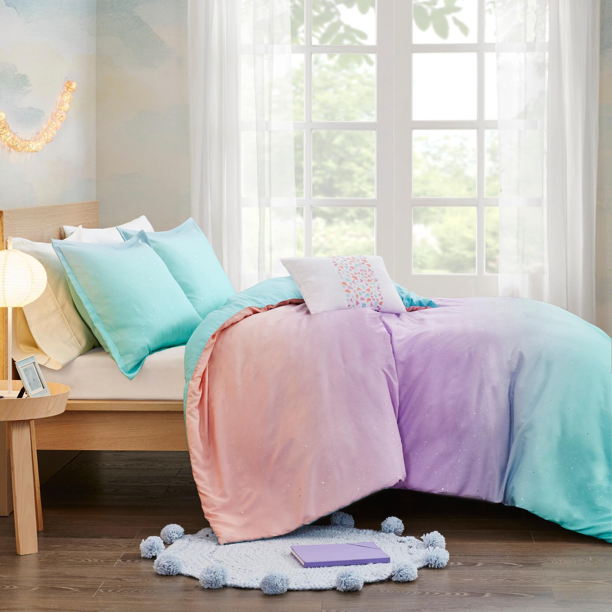 Celine Aqua Full/Queen Metallic Glitter Printed Reversible Duvet Cover Set, Aqua, large