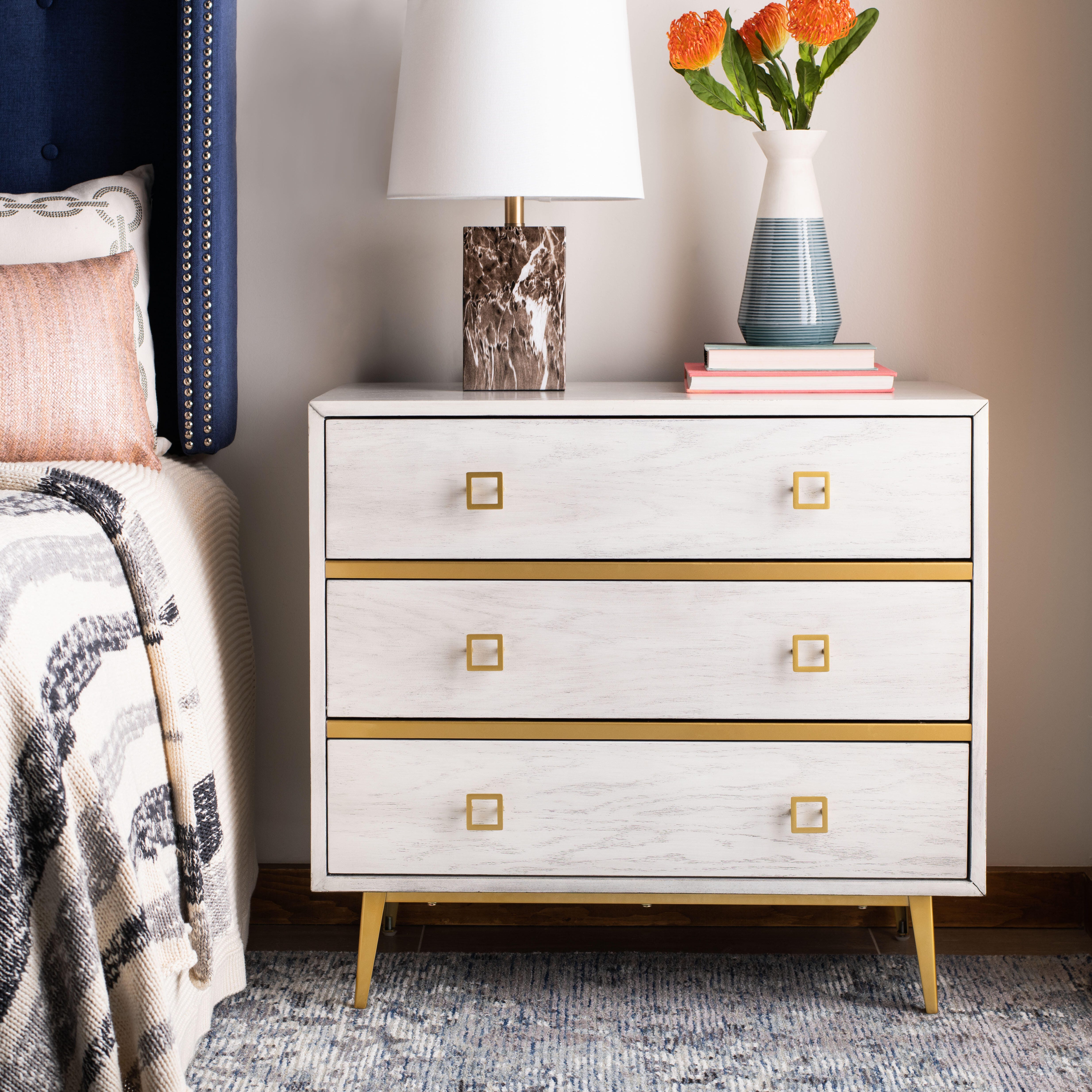Katia 3 Drawer Chest, White Wash/Gold, large