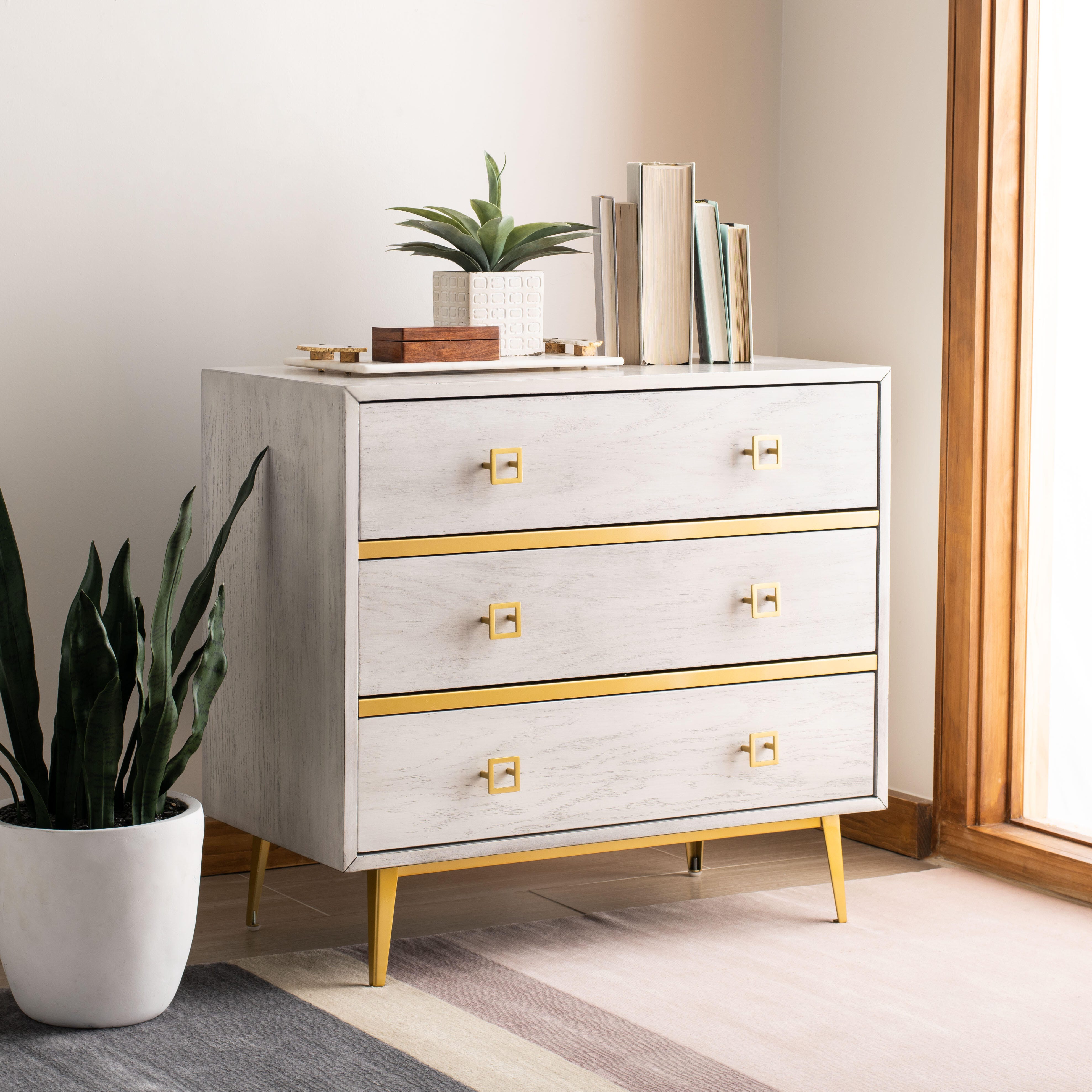 Katia 3 Drawer Chest, White Wash/Gold, large