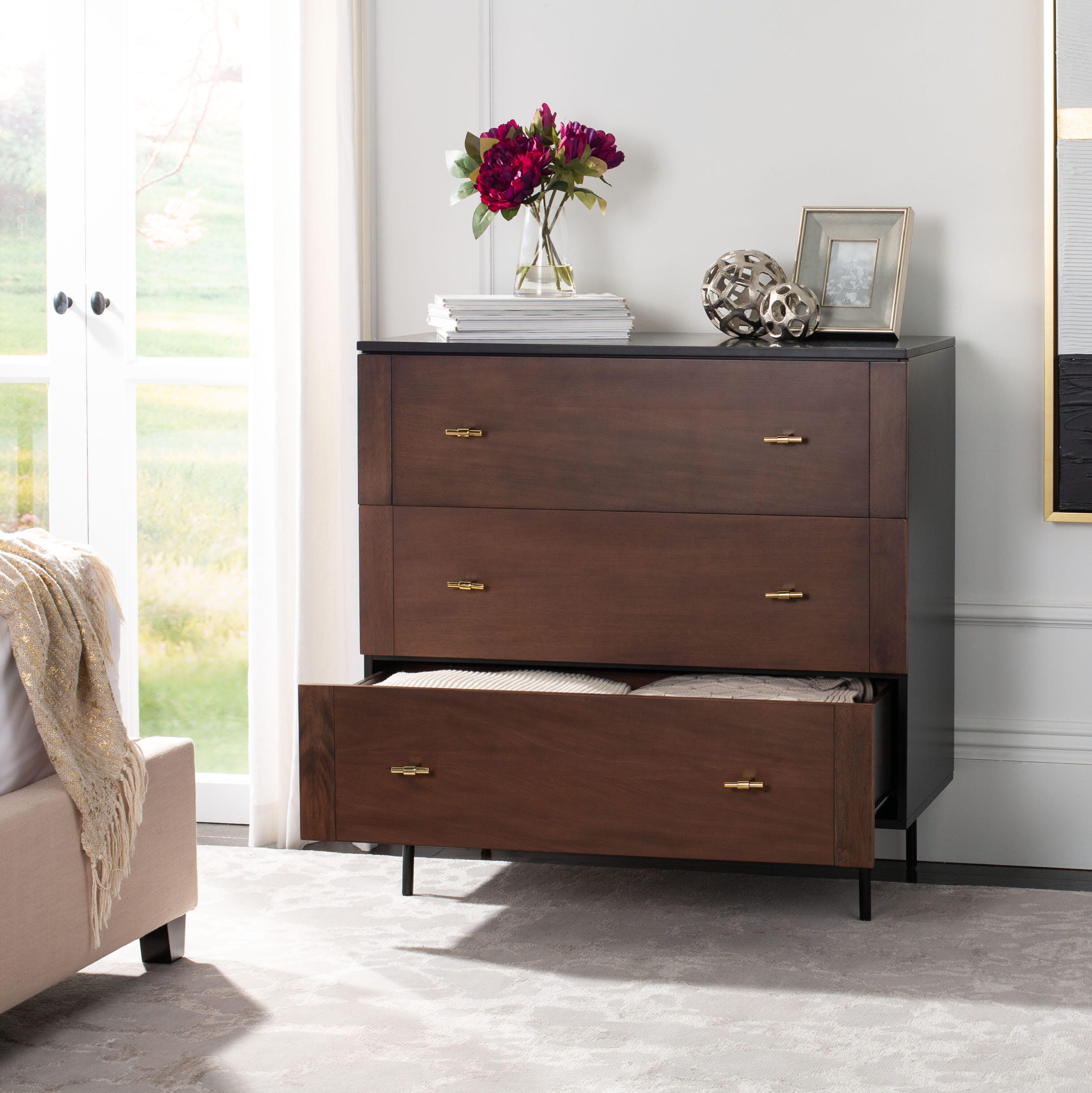 Safavieh Genevieve 36" 3 Drawer Dresser, Walnut/Black, large