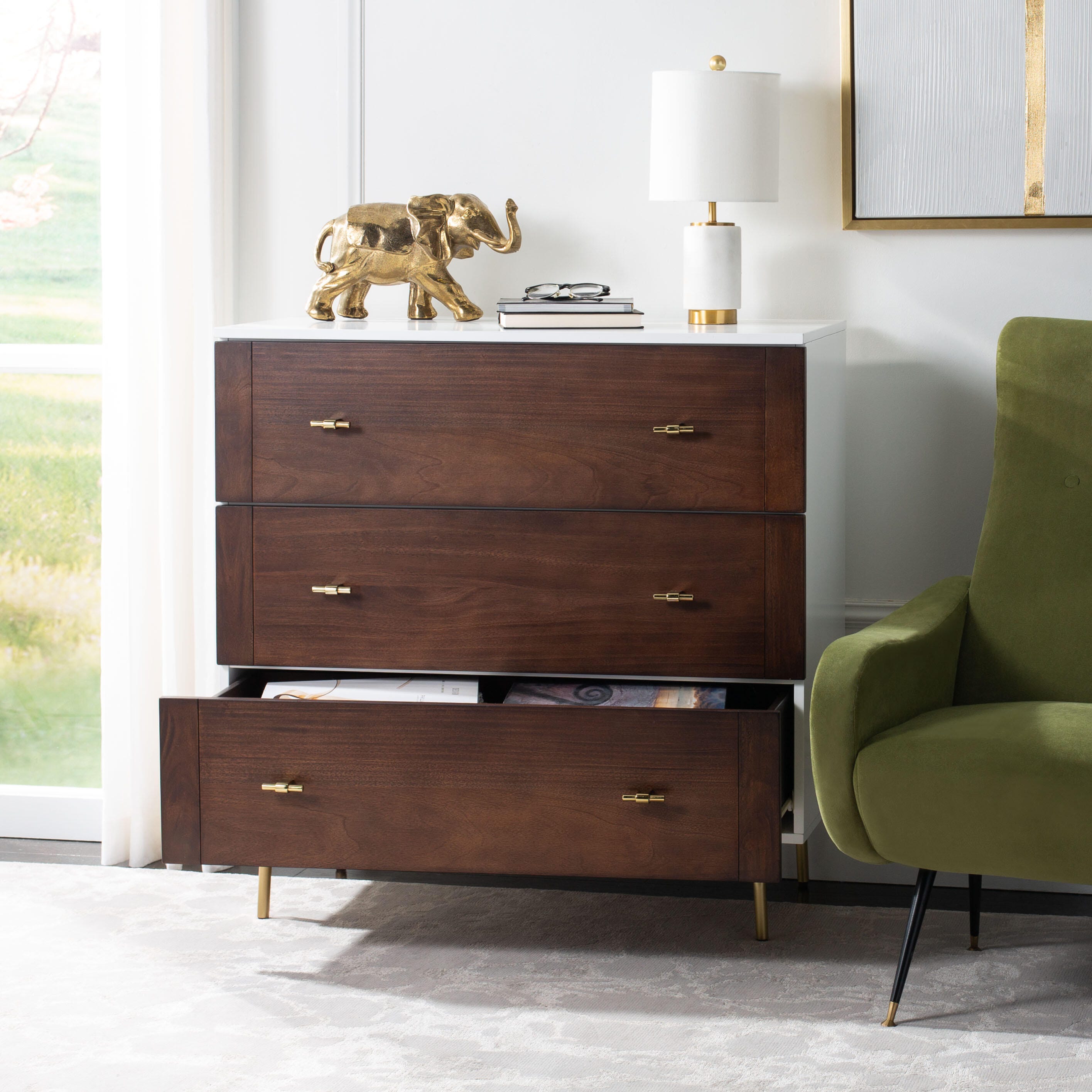 Safavieh Genevieve 36" 3 Drawer Dresser, White/Walnut, large