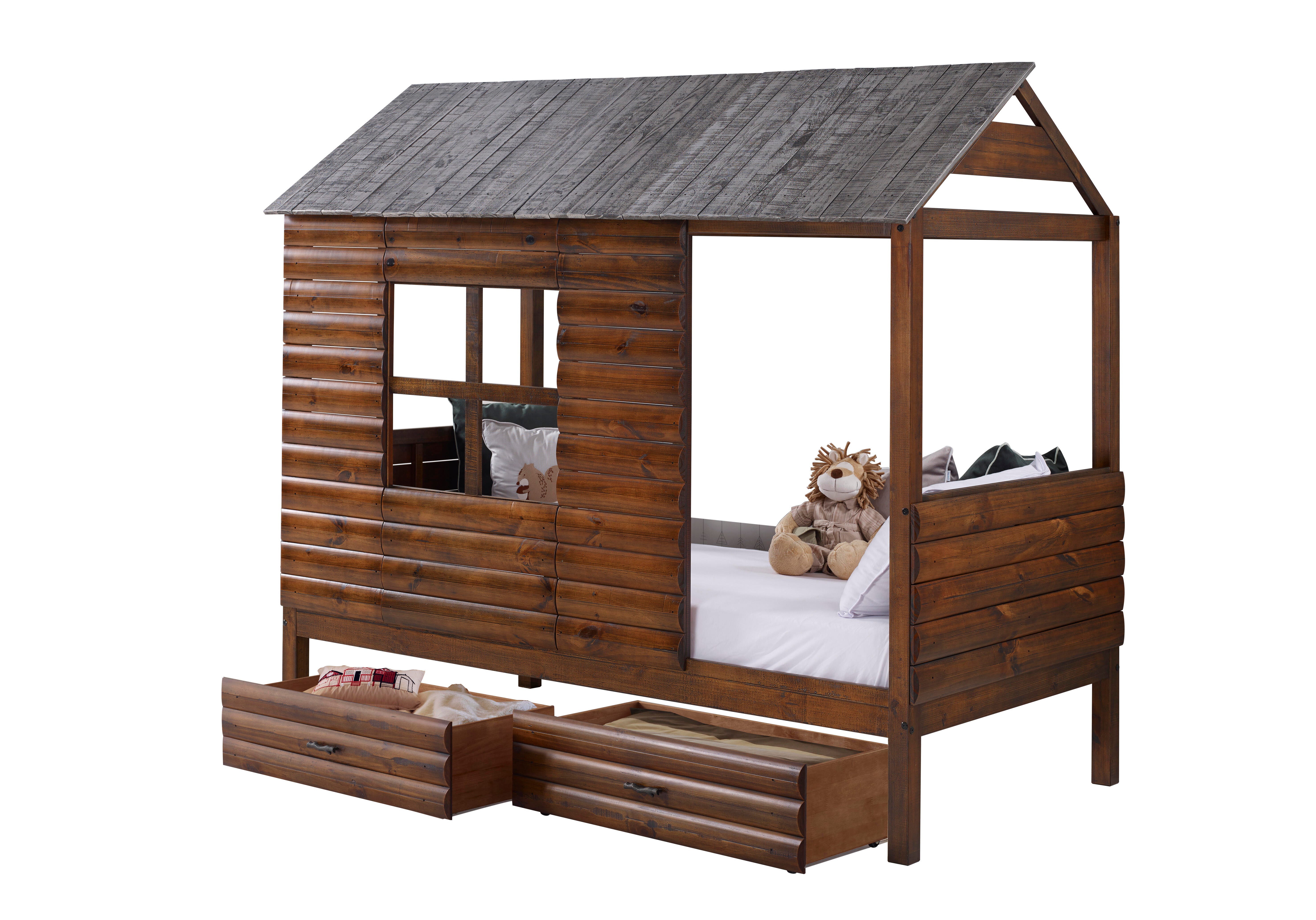 Donco Kids Twin Log Cabin Low Loft In Rustic Walnut/Rustic Silver W/Dual Uderbed Drawers, , large