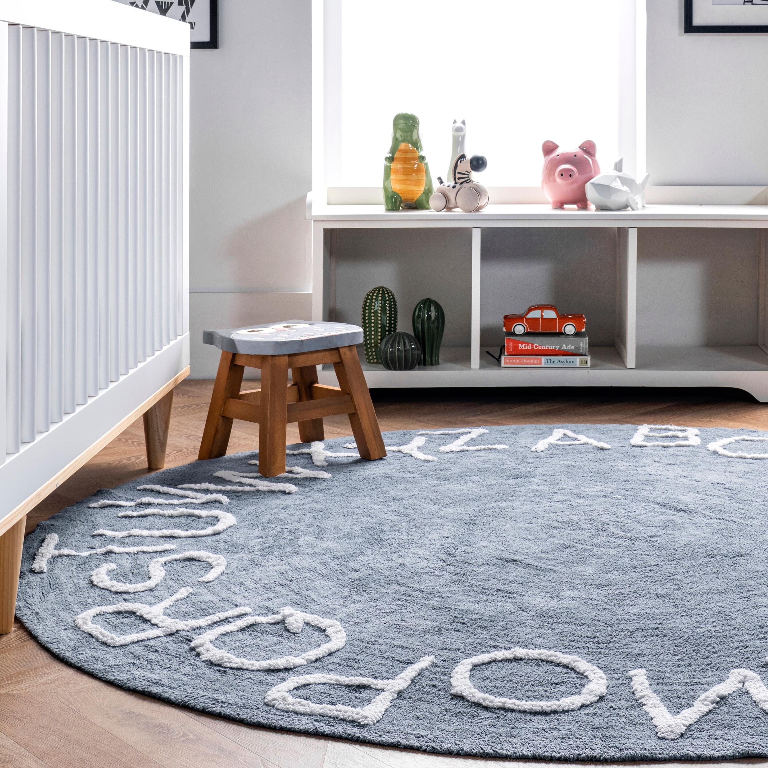 nuLOOM Kids Washable Round Alphabet Rug, Blue, large