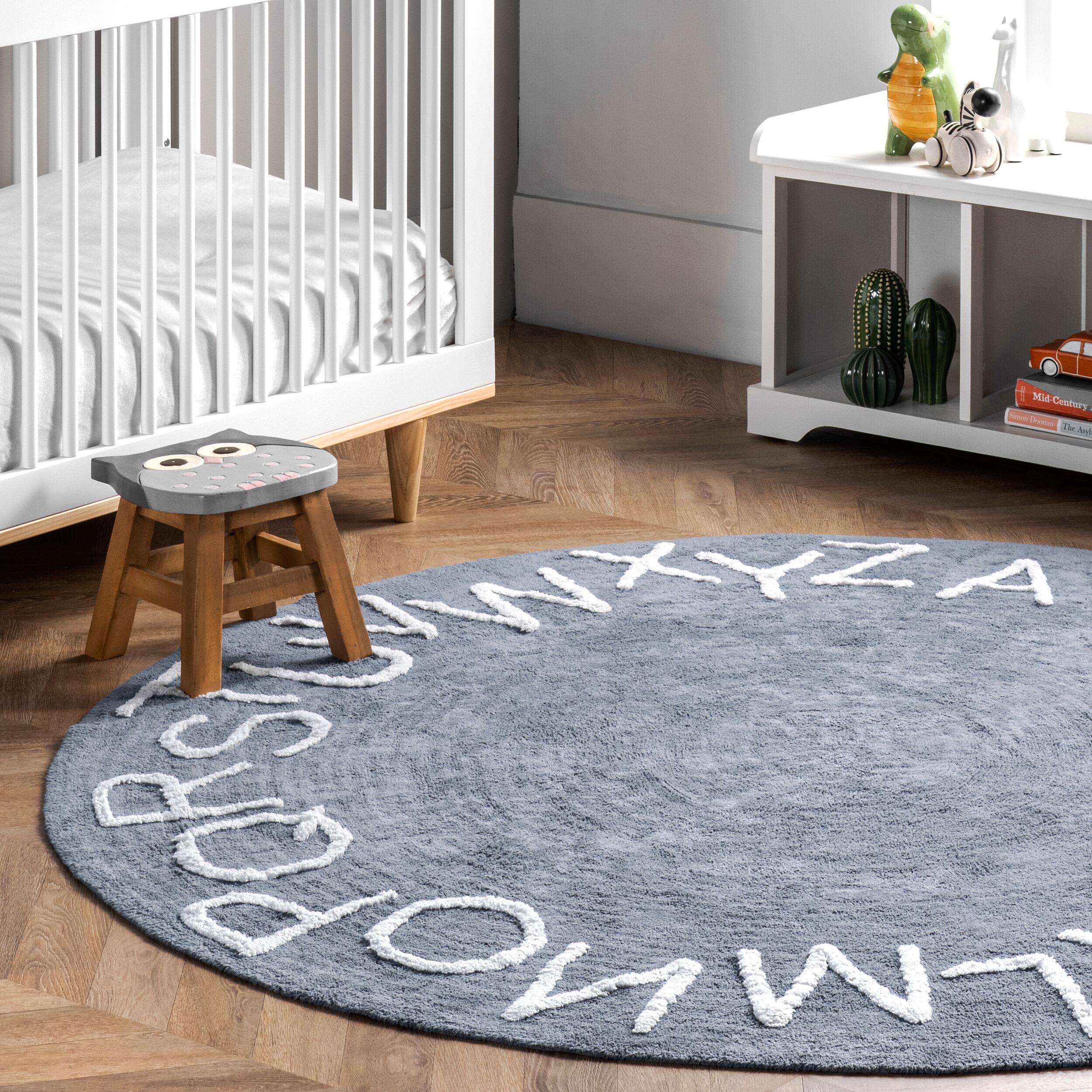 nuLOOM Kids Washable Round Alphabet Rug, Blue, large