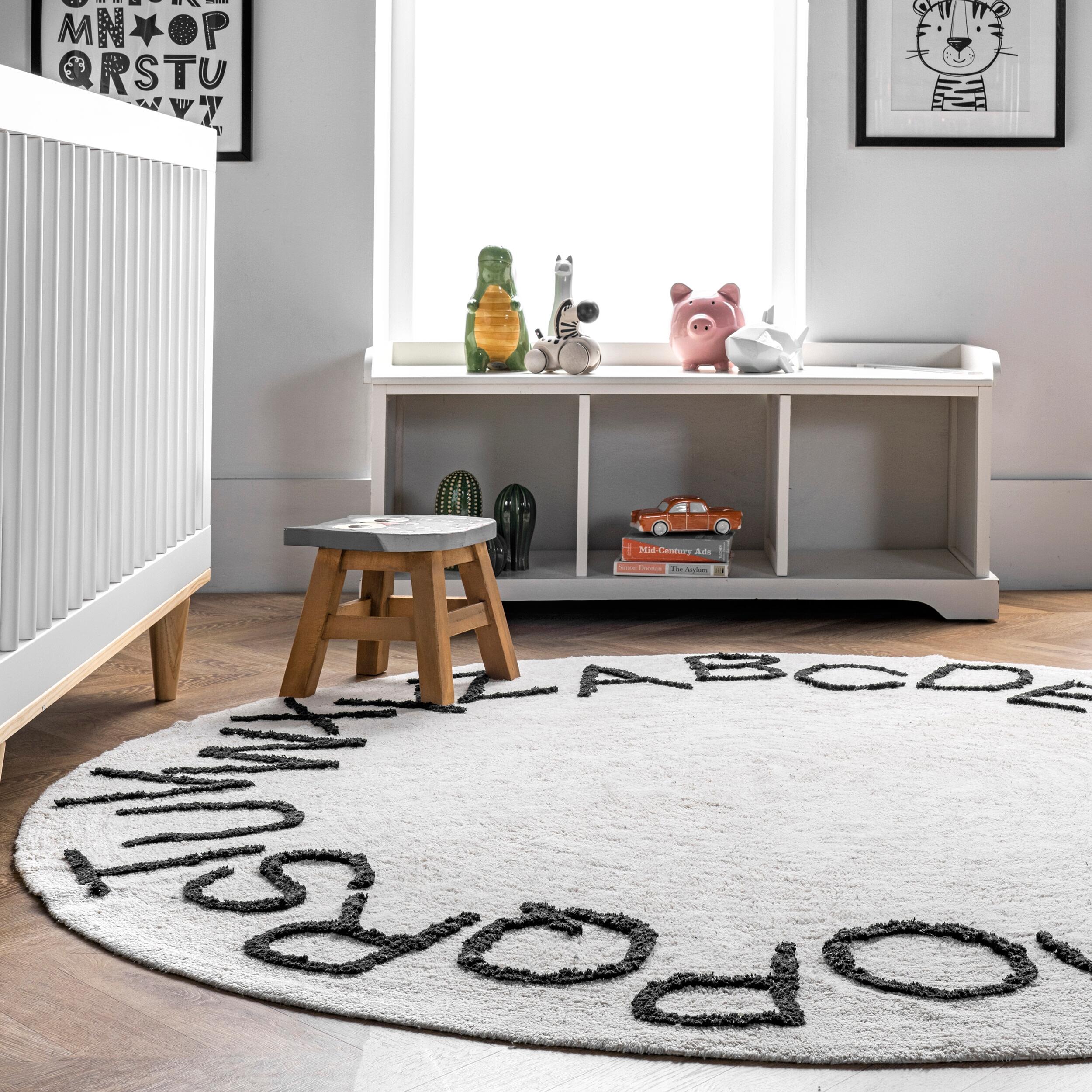 nuLOOM Kids Washable Round Alphabet Rug, Ivory, large