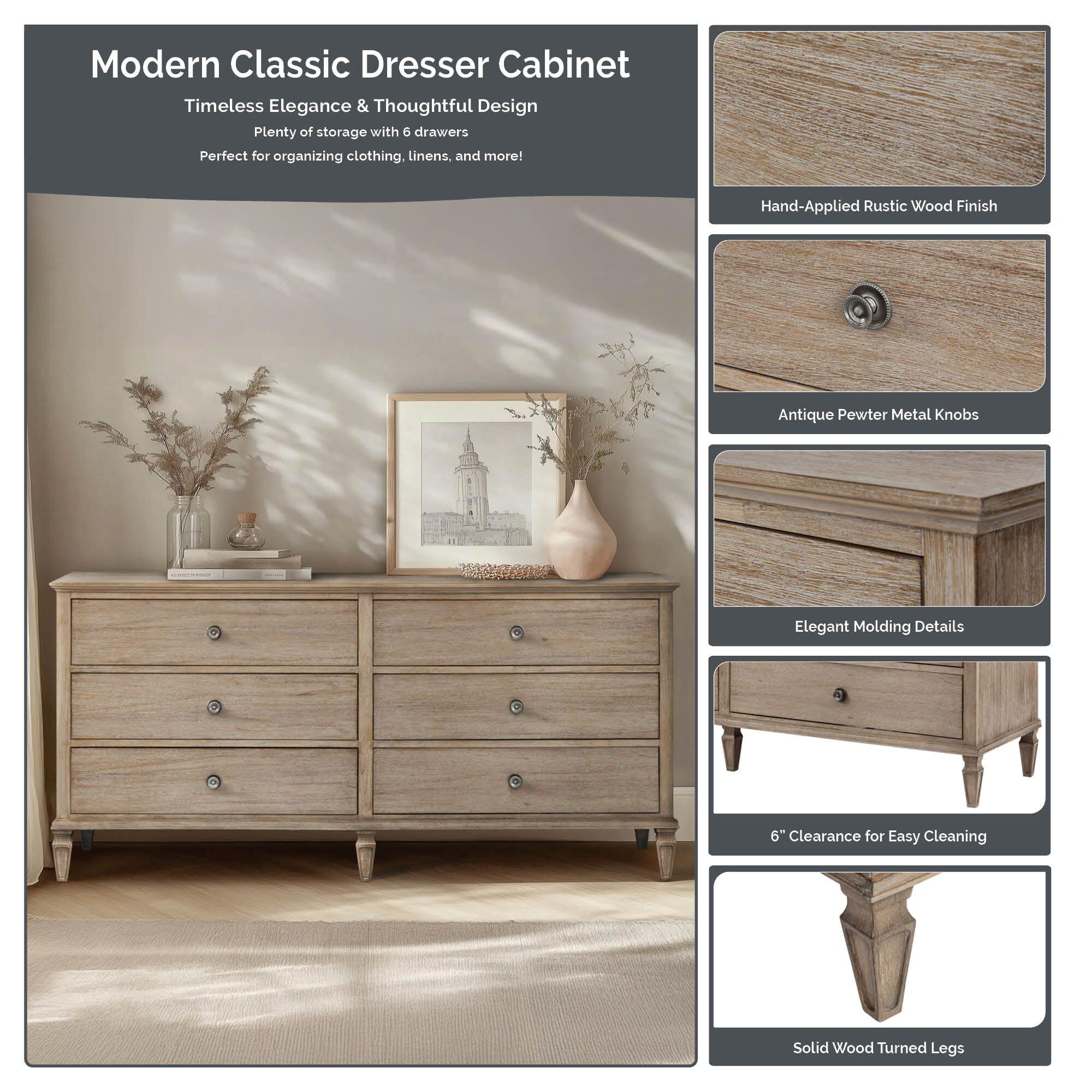 Madison Park Signature Victoria 6 Drawer Dresser, Light Natural, large