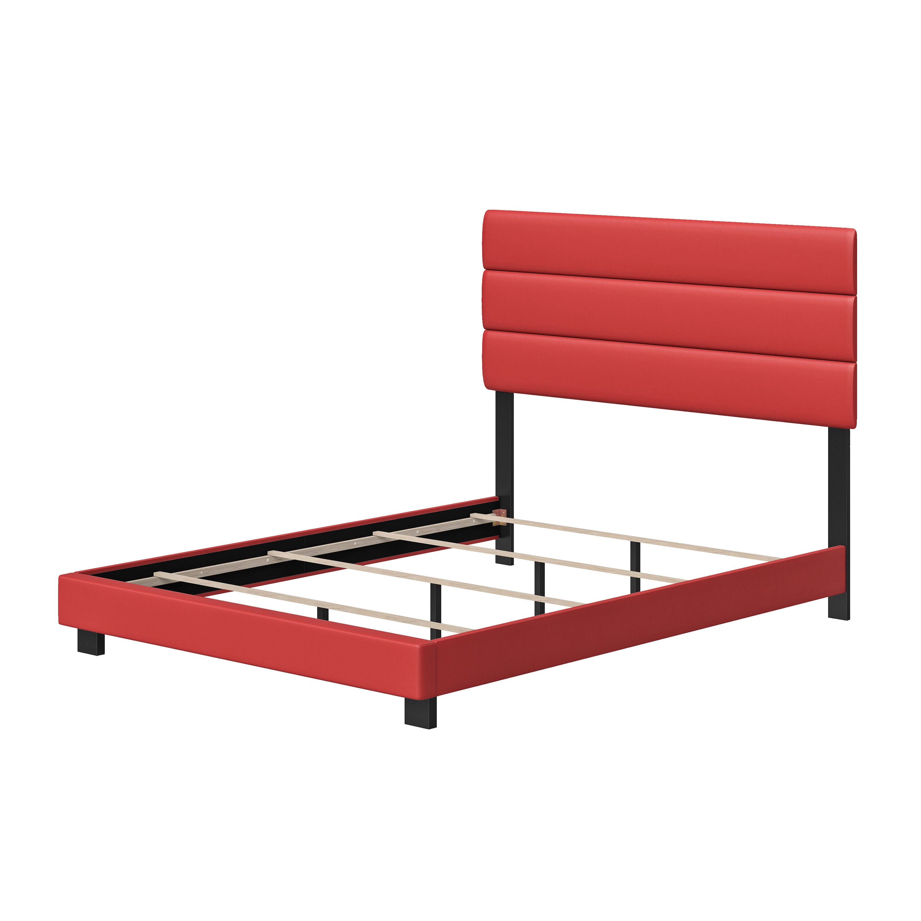 Brayan Queen Upholstered Faux Leather Platform Bed, Red, large