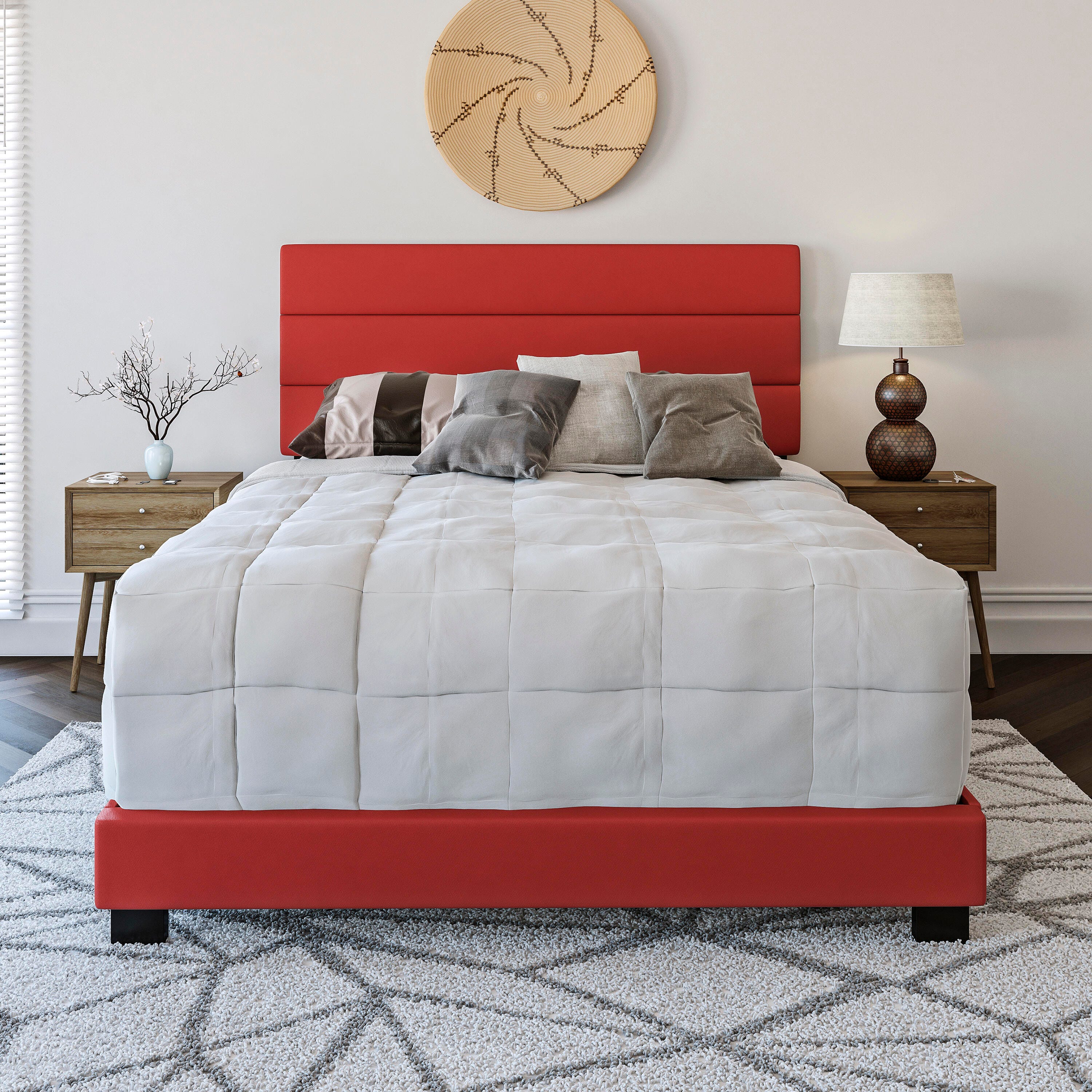 Brayan Queen Upholstered Faux Leather Platform Bed, Red, large