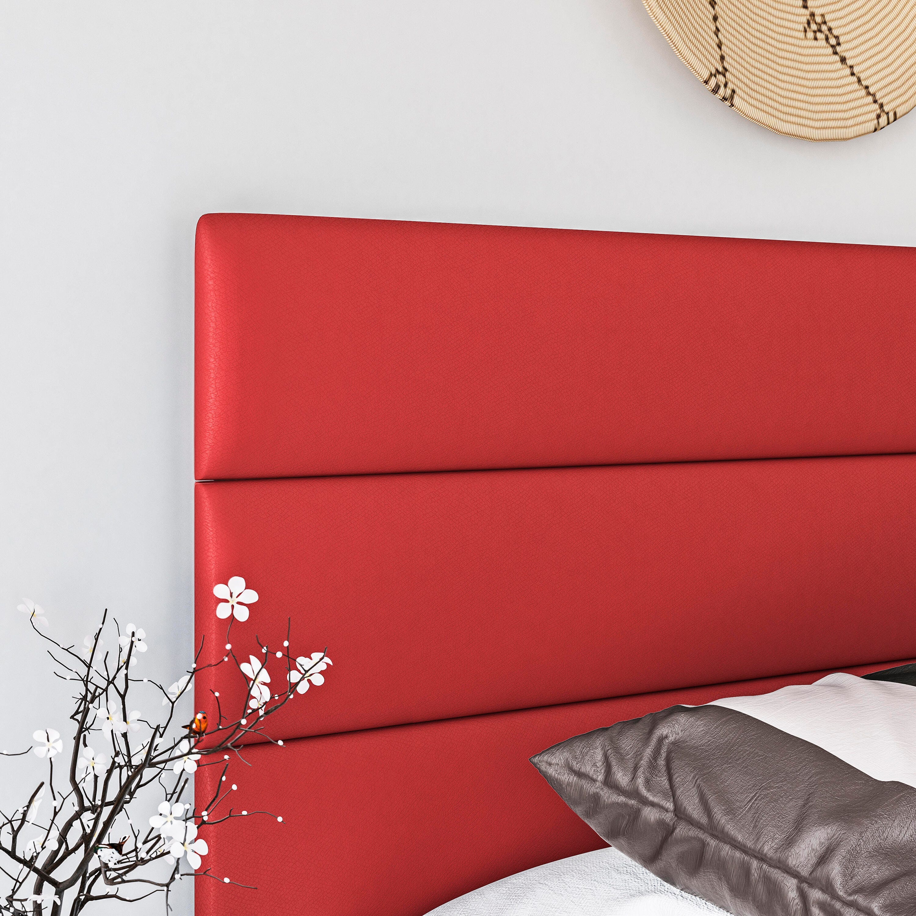 Brayan Queen Upholstered Faux Leather Platform Bed, Red, large