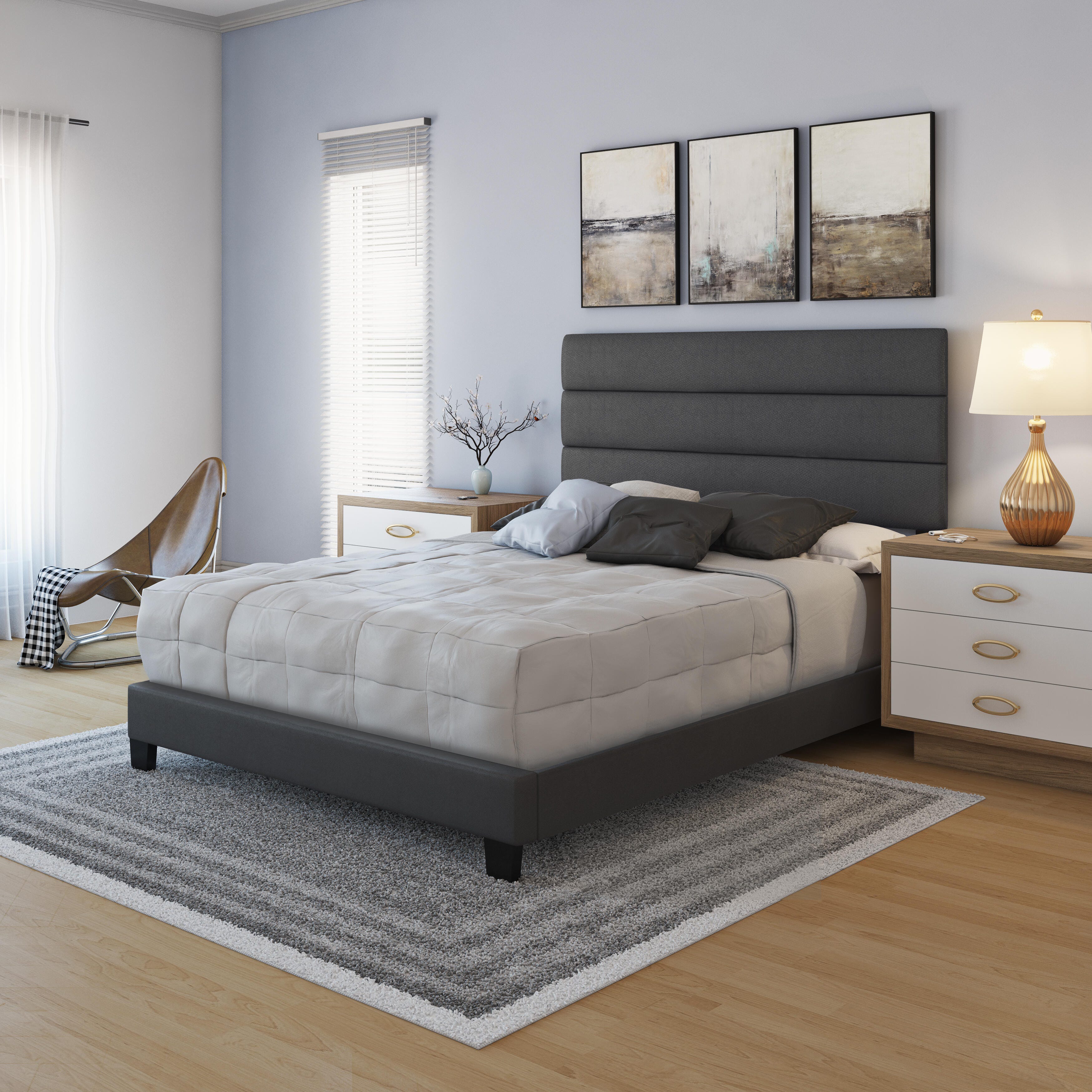 Harrianna Queen Upholstered Faux Leather Platform Bed, Black, large