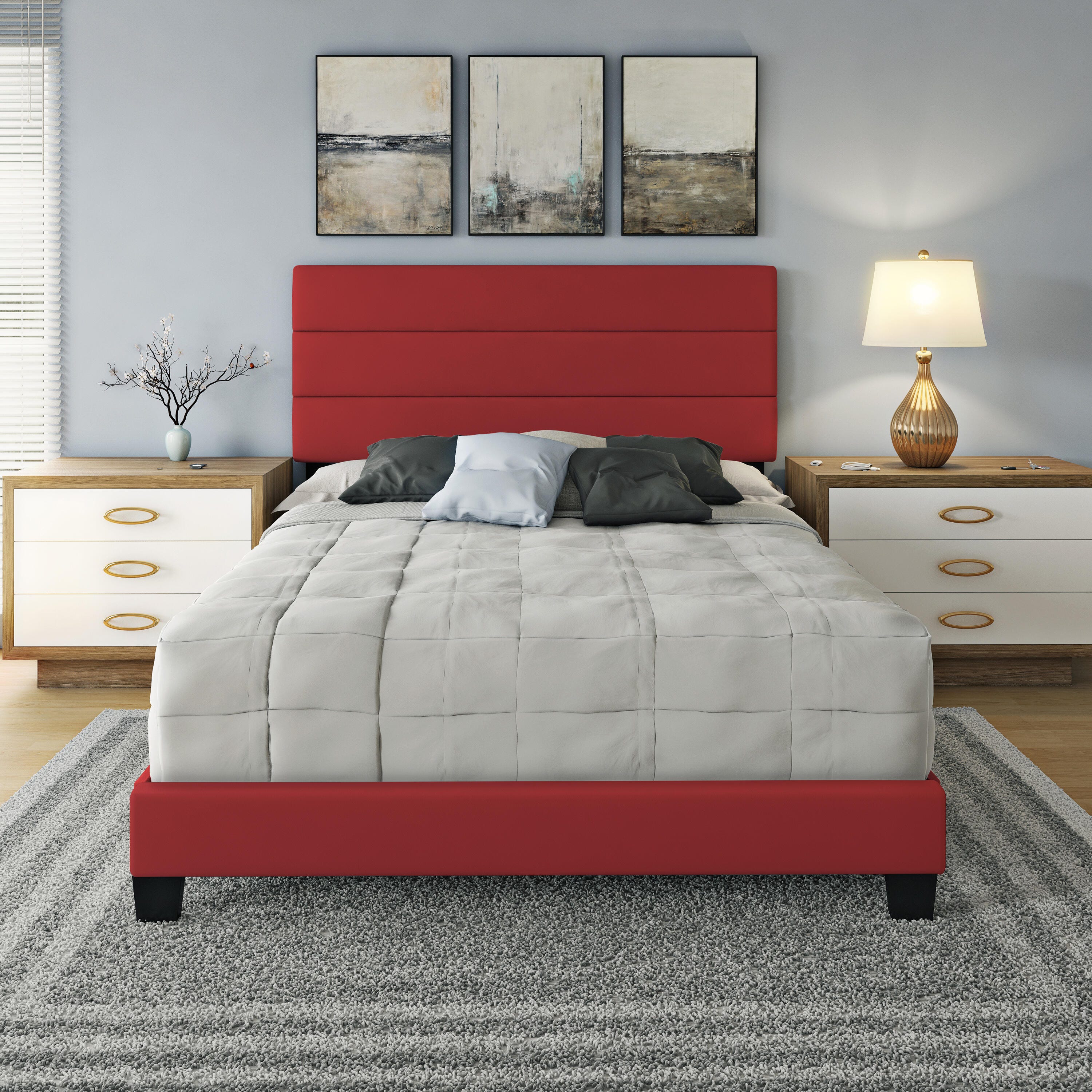 Harrianna Queen Upholstered Faux Leather Platform Bed, Red, large
