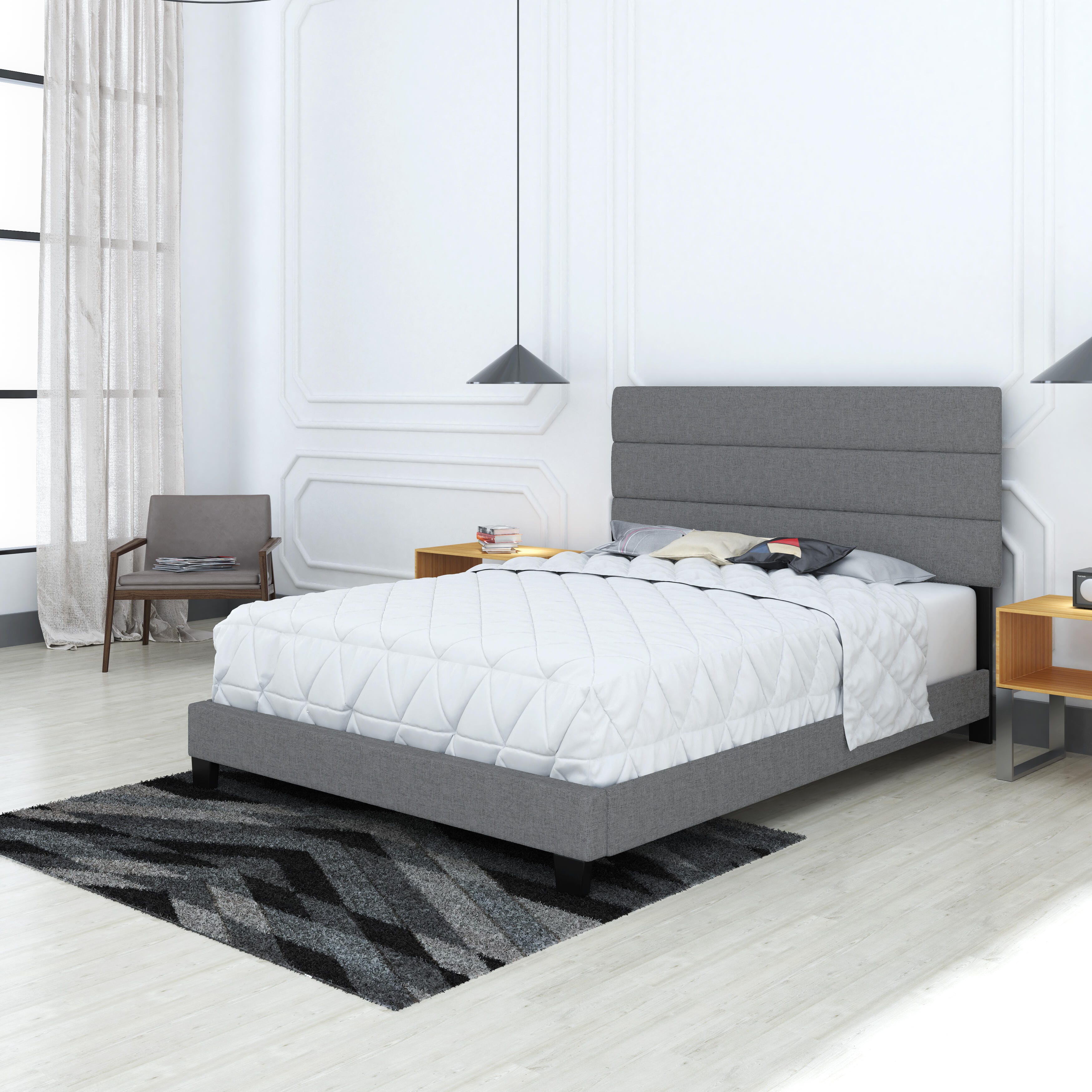 Harrianna Queen Upholstered Linen Platform Bed, , large