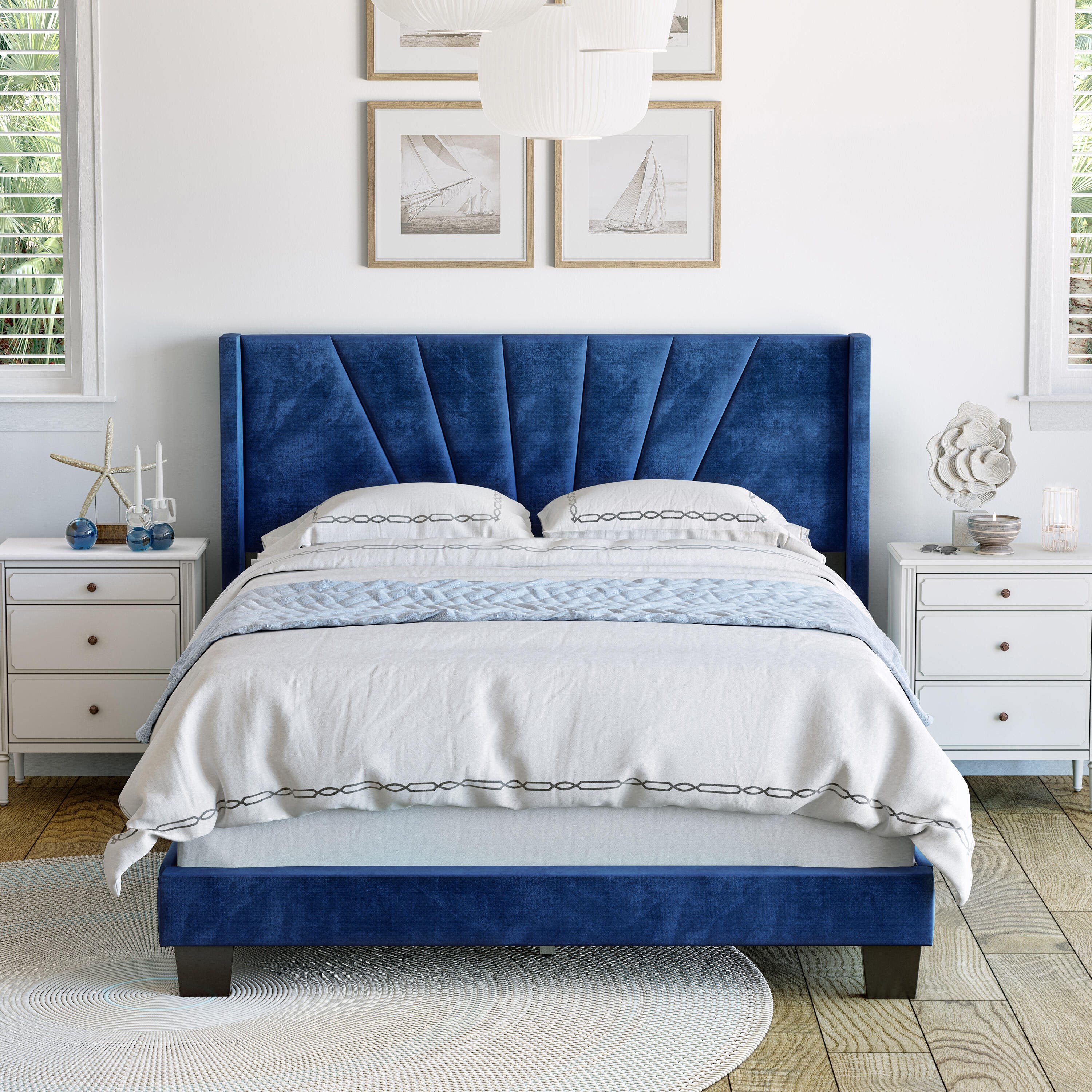 Zoeigh Queen Upholstered Velour Platform Bed, Blue, large