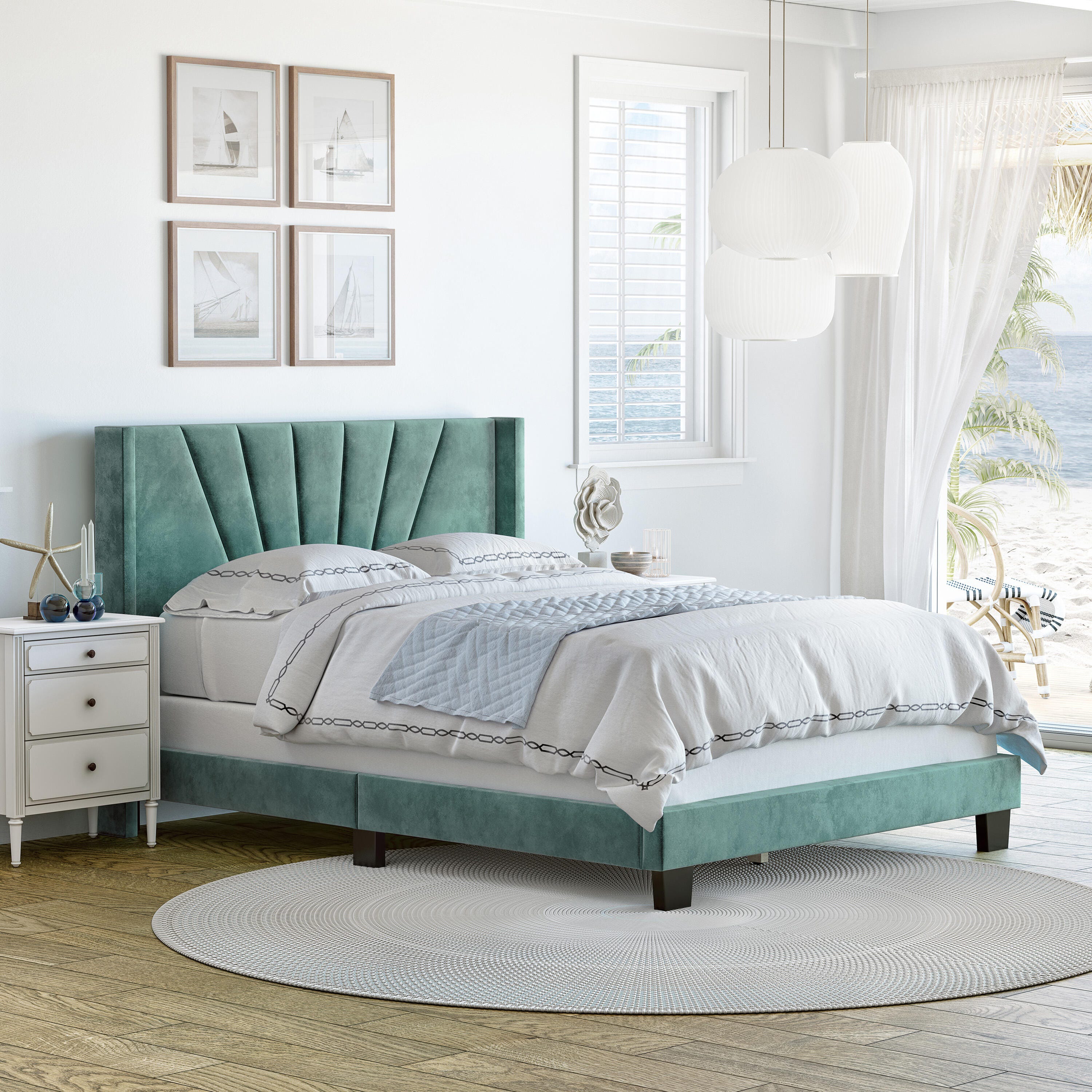 Zoeigh Queen Upholstered Velour Platform Bed, Seafoam Green, rollover