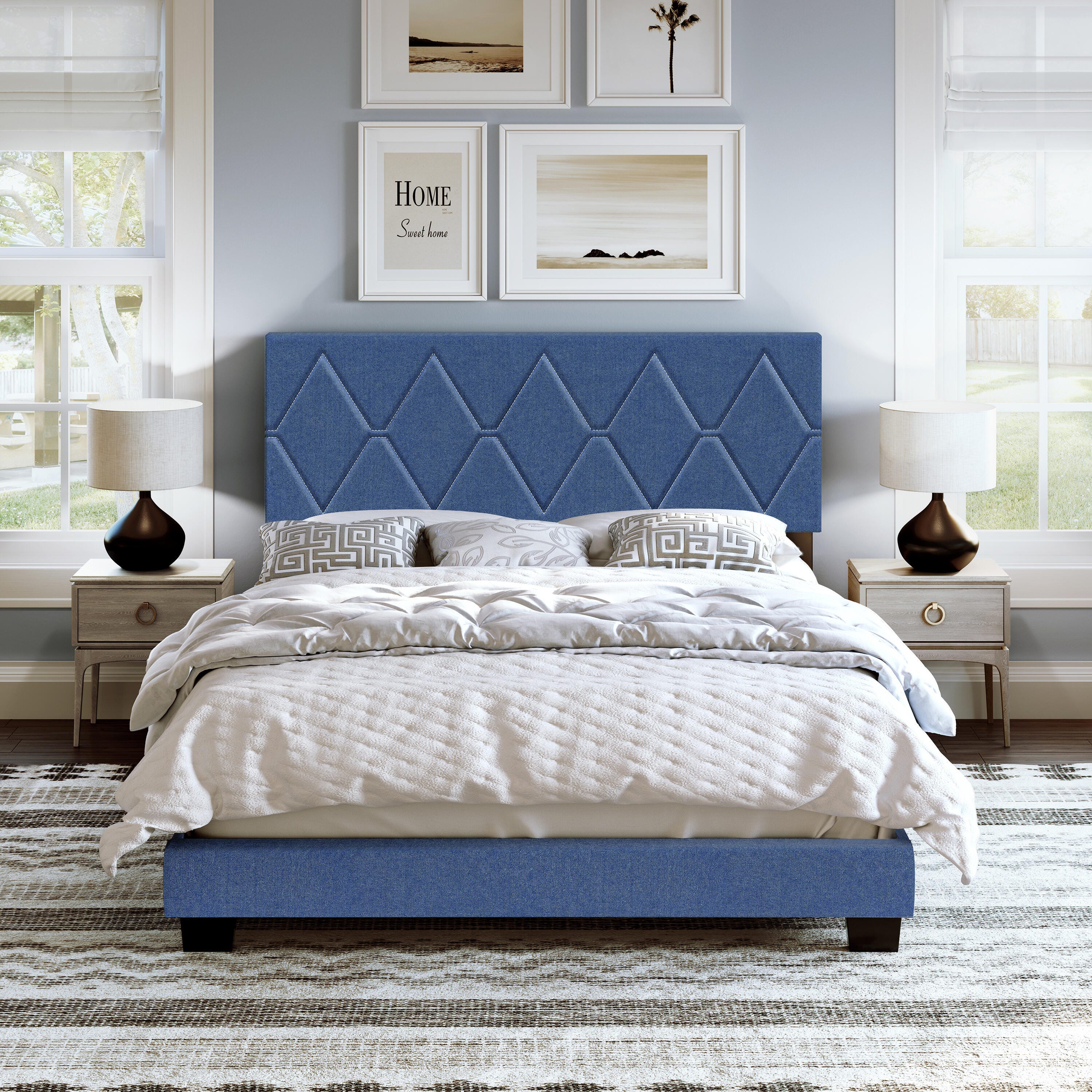 Destry King Upholstered Linen Platform Bed, Blue, large