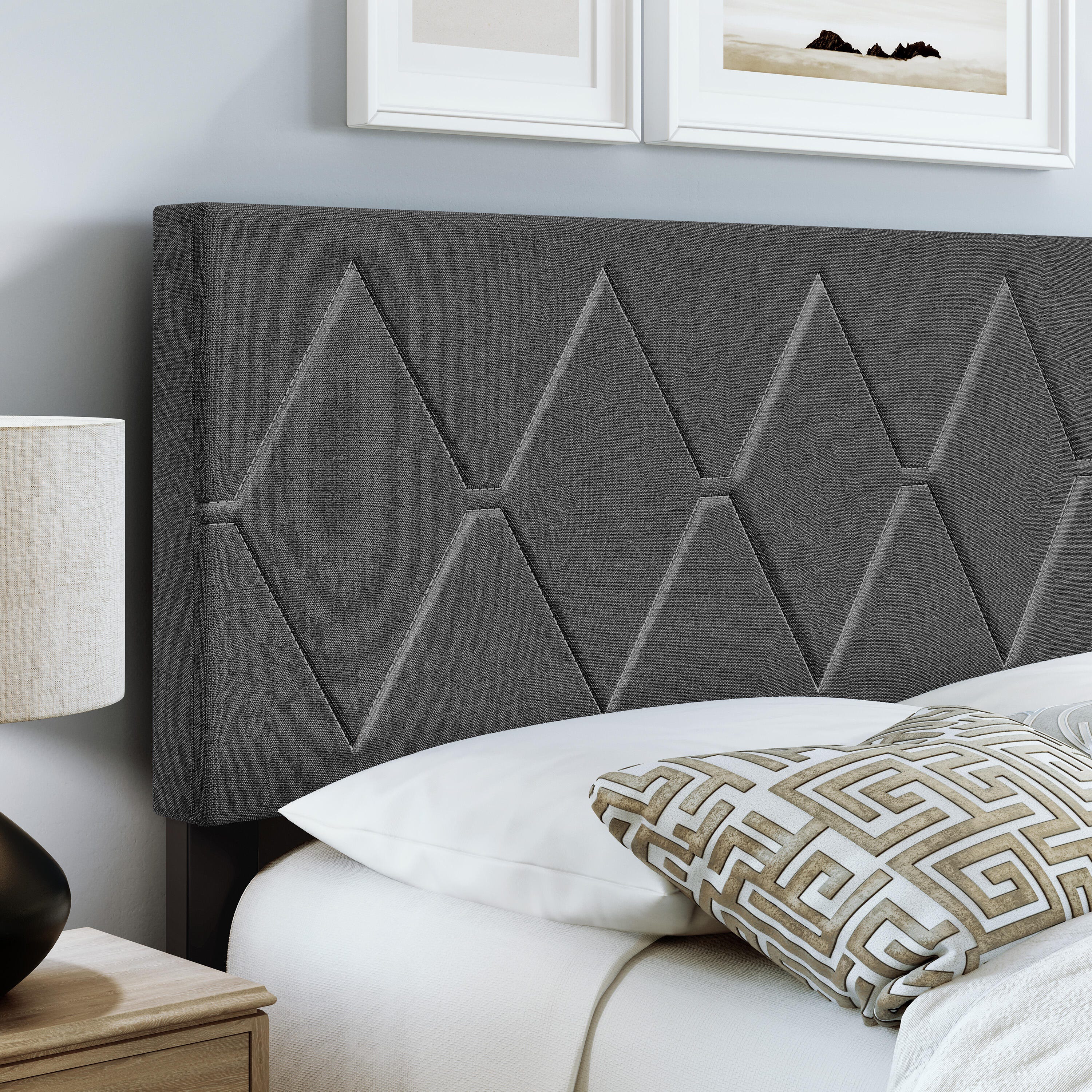 Destry Queen Upholstered Linen Platform Bed, Charcoal, large