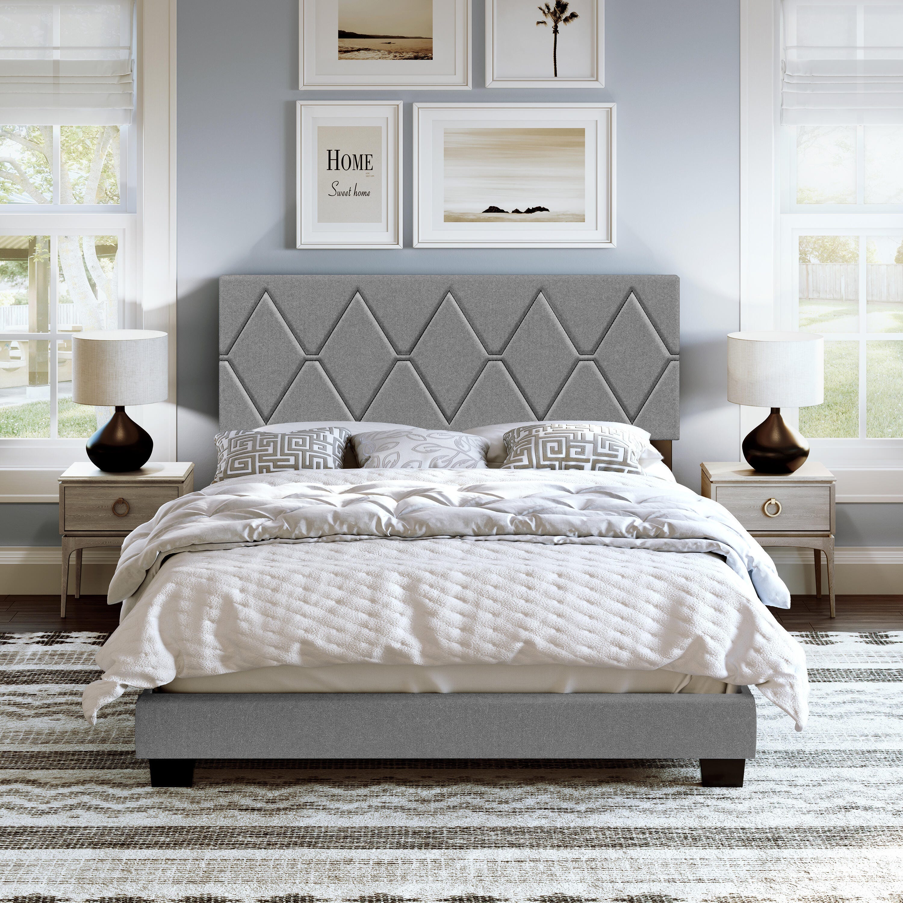 Destry Queen Upholstered Linen Platform Bed, Gray, large