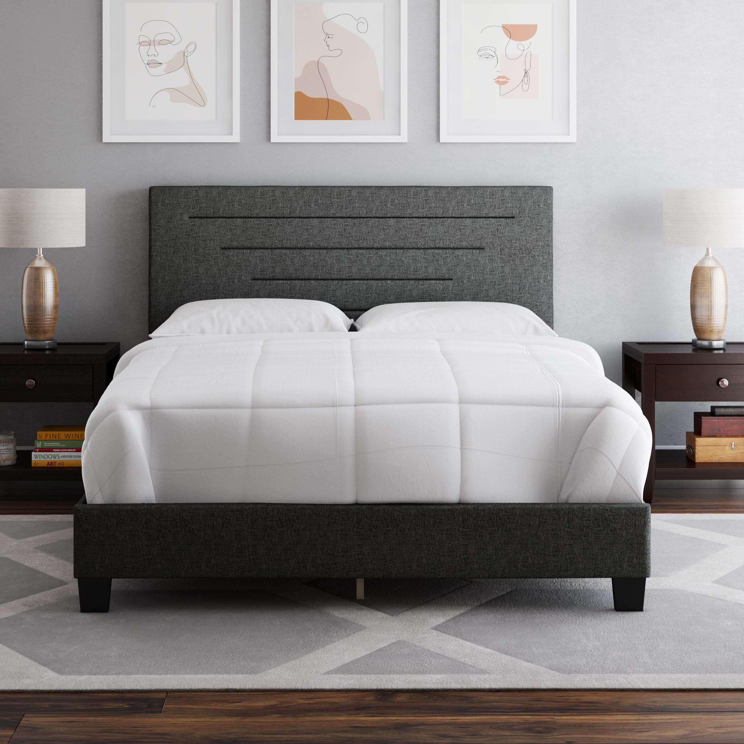 Aurelius King Upholstered Linen Platform Bed, Charcoal, large