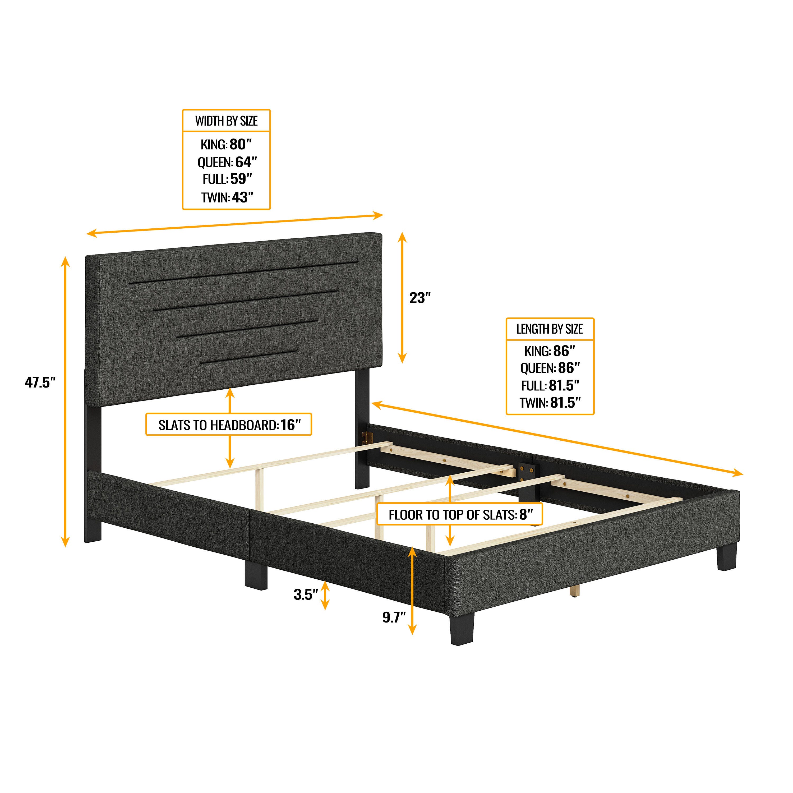 Aurelius Queen Upholstered Linen Platform Bed, Charcoal, large