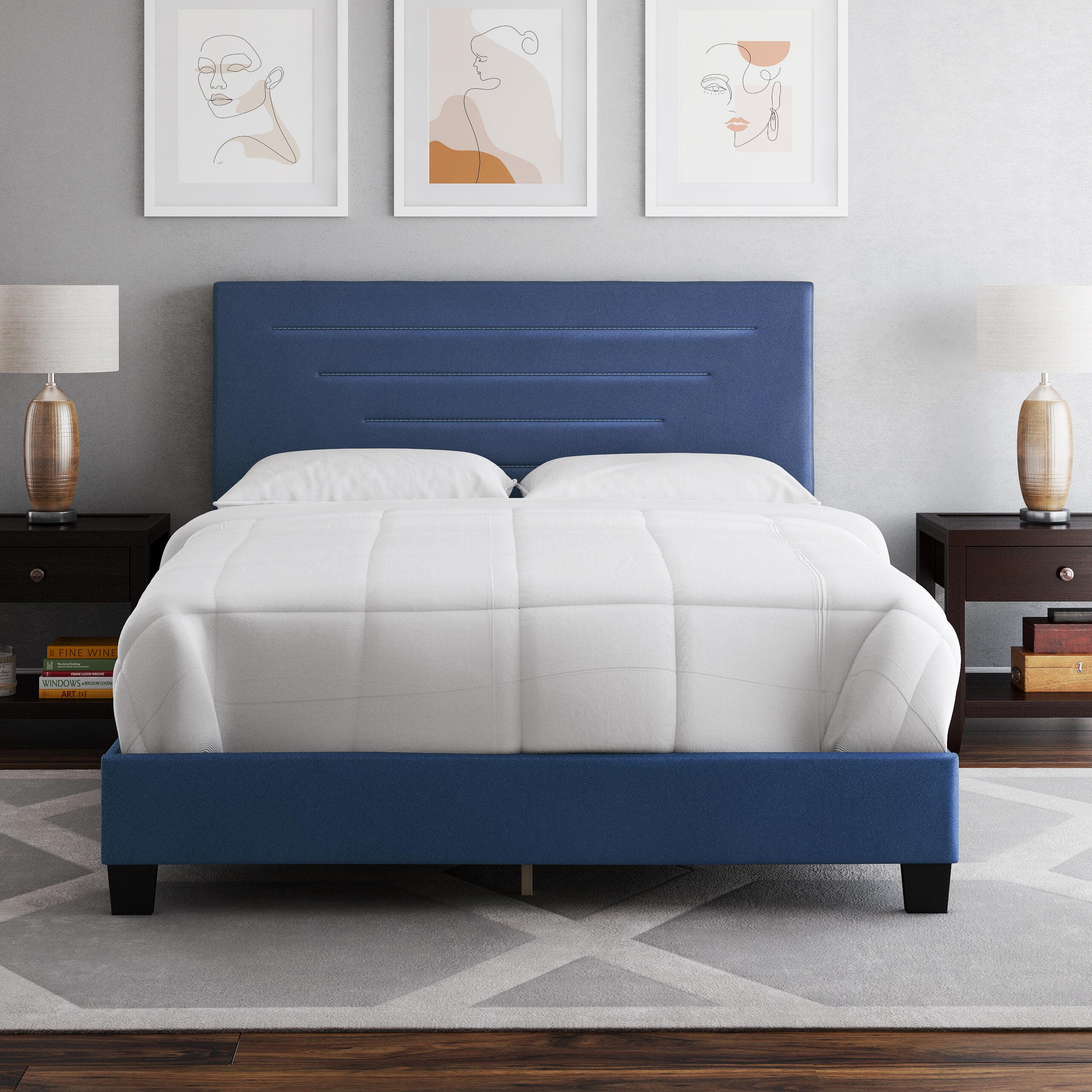Aurelius King Upholstered Faux Leather Platform Bed, Blue, large