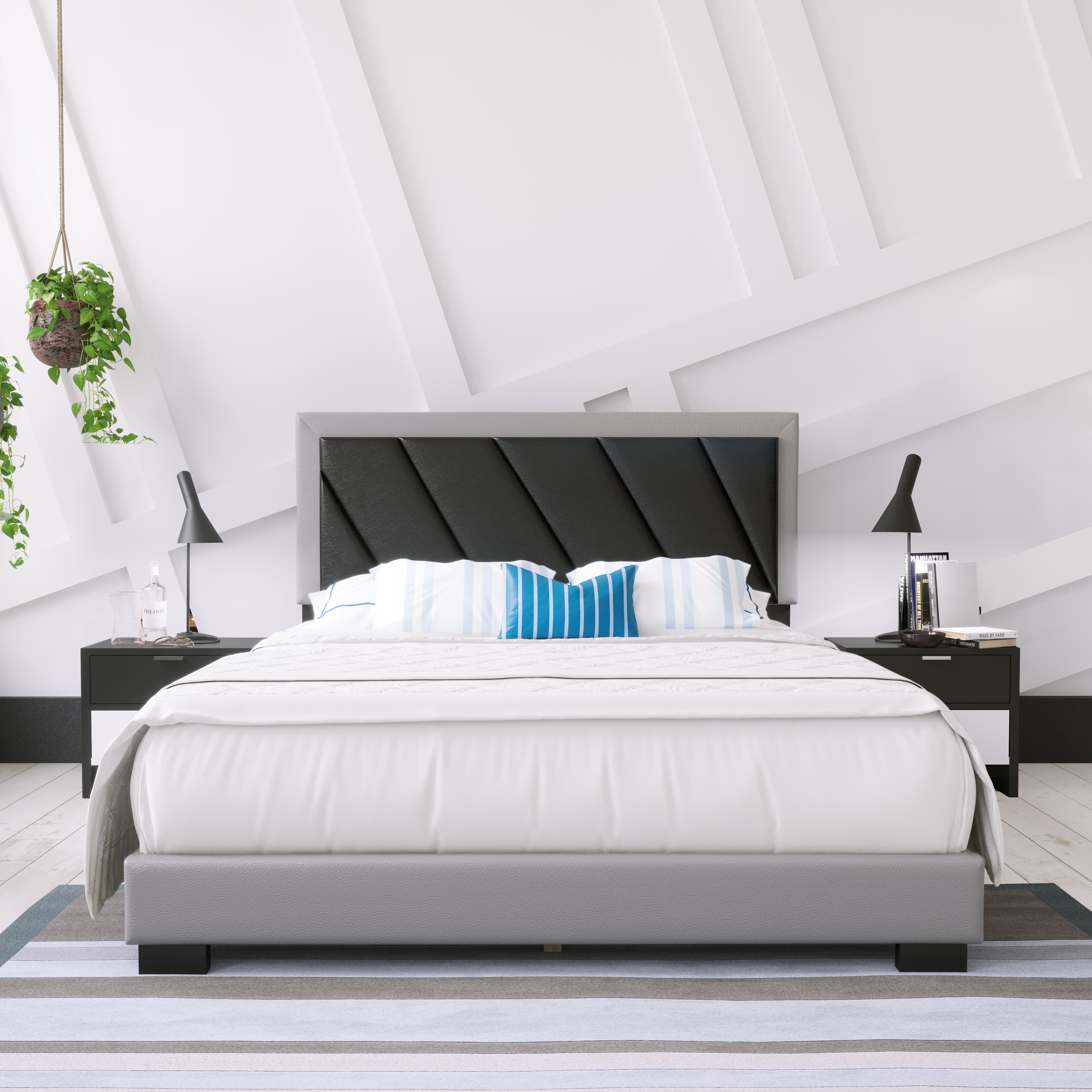 Soren King Upholstered Faux Leather Platform Bed, Black/Gray, large