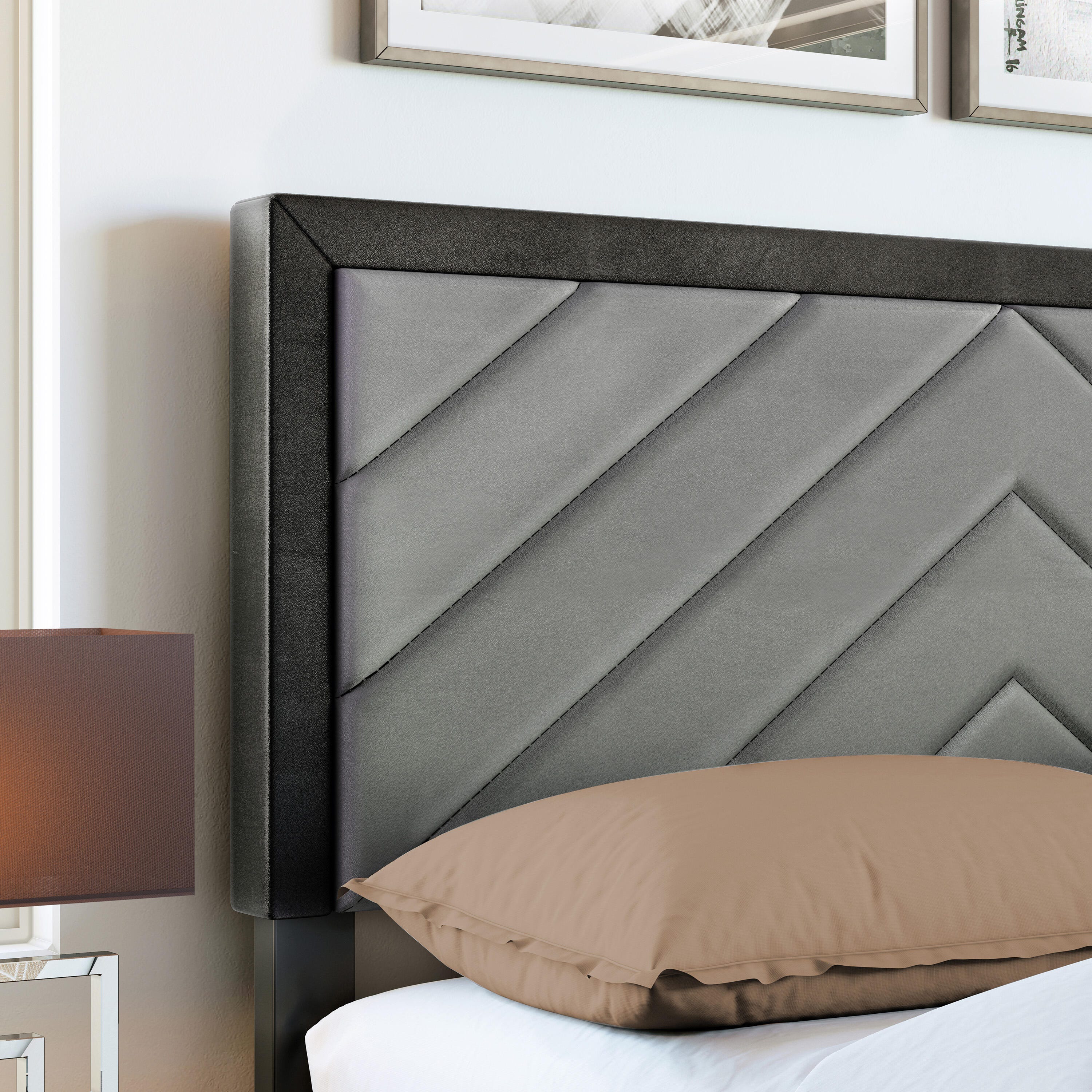 Ziggy Queen Upholstered Faux Leather Platform Bed, Gray/Black, large