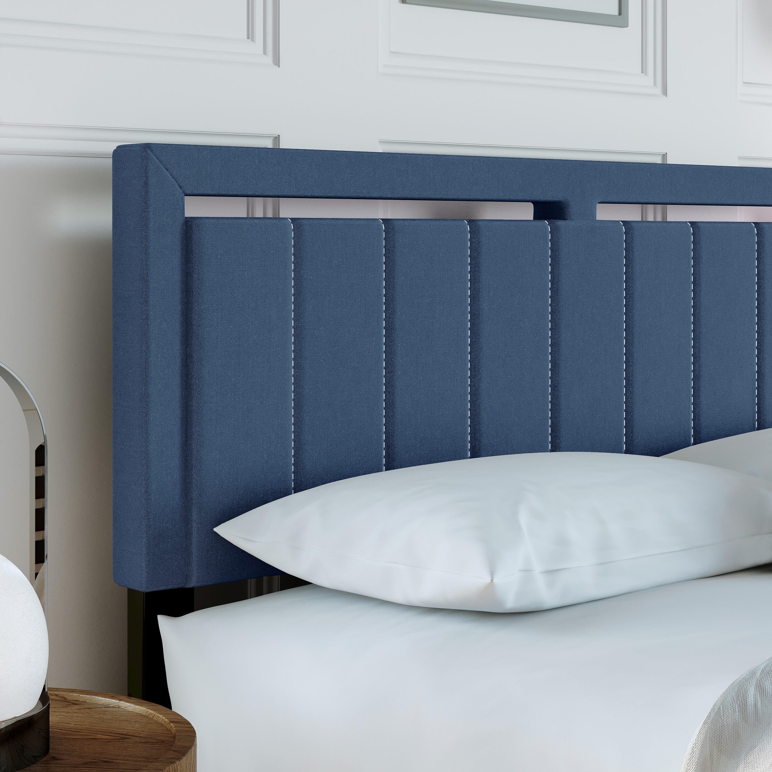 Roza Queen Upholstered Linen Platform Bed, Blue, large